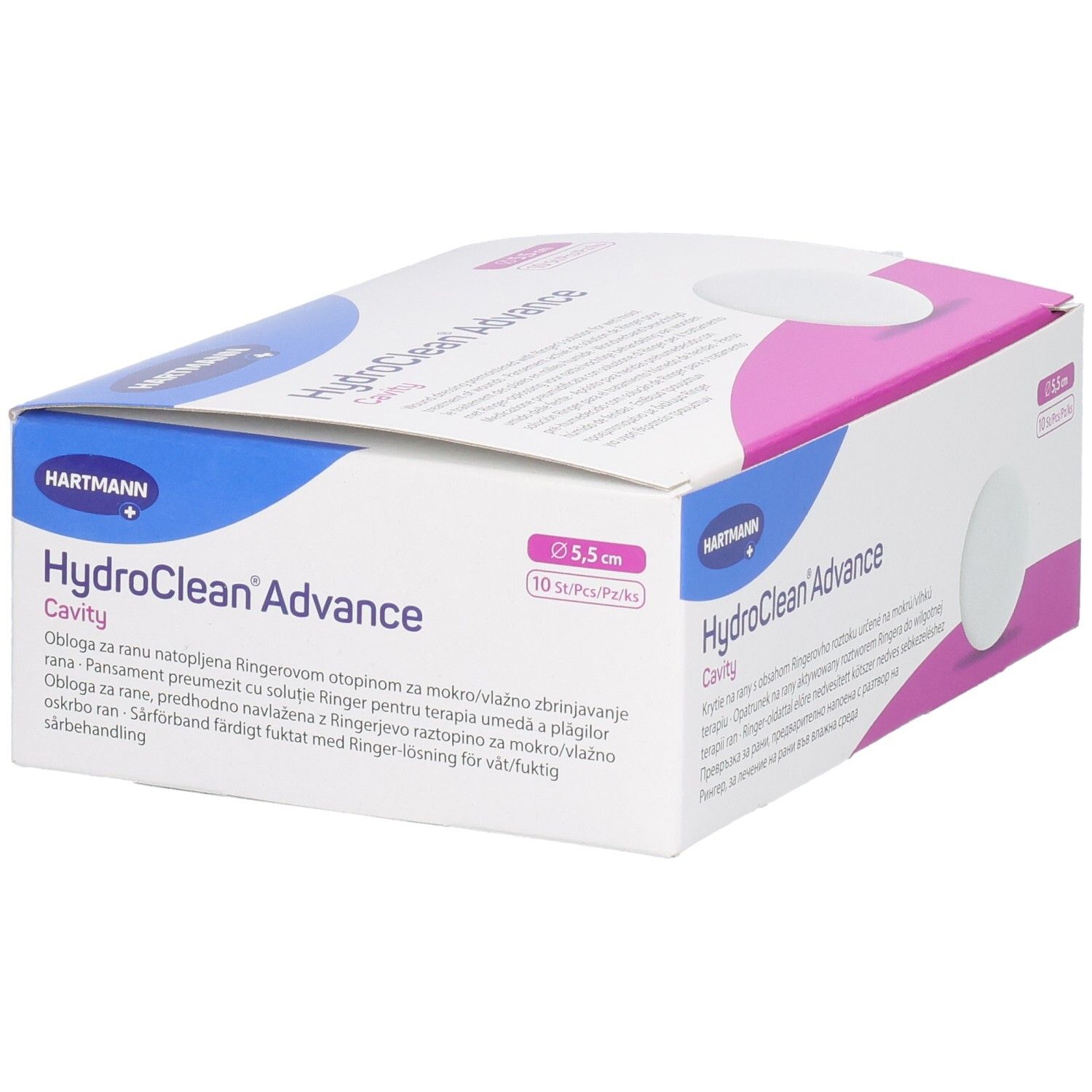 Boîte de HydroClean Advance Cavity en biais. Boîte blanche avec accents roses. Nom du produit et tampons ronds visibles.