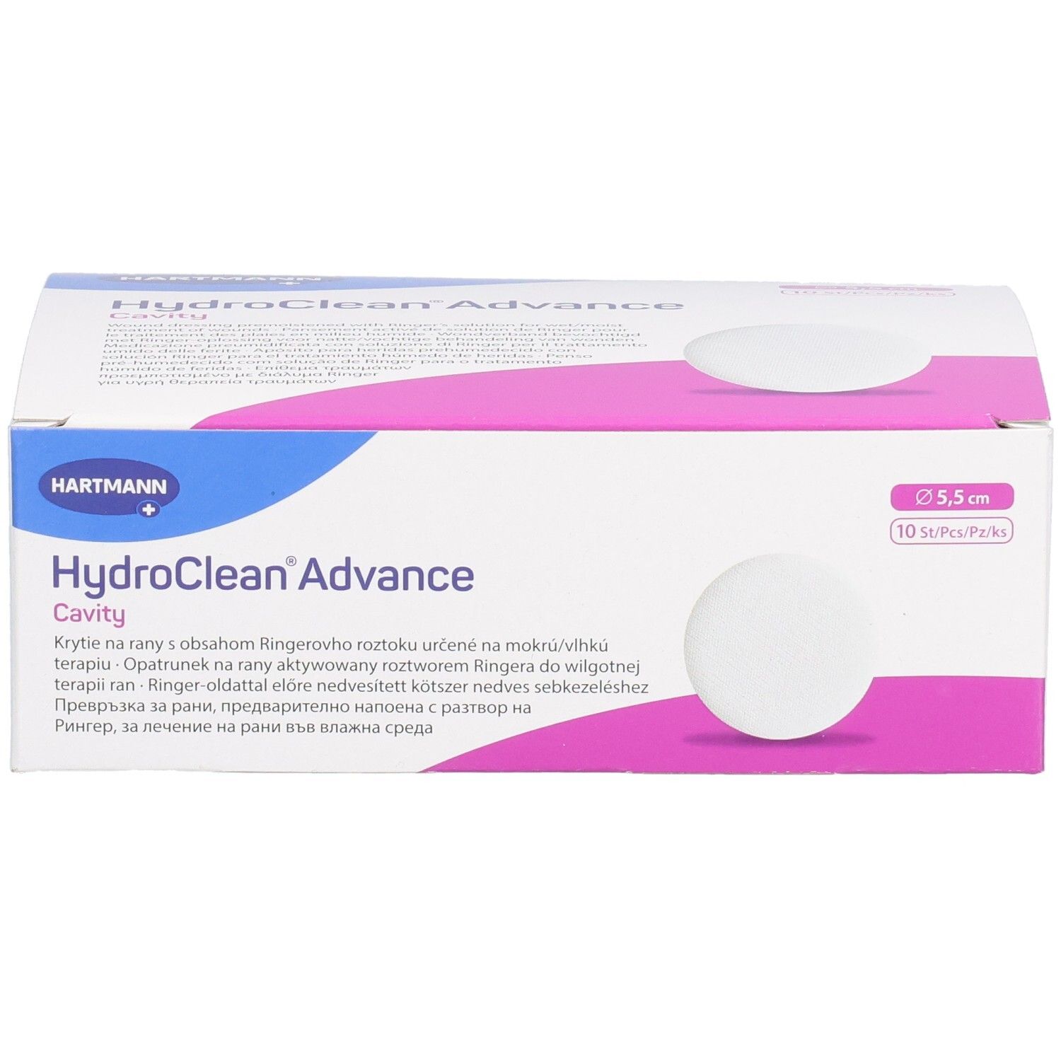 Boîte de HydroClean Advance Cavity. Boîte blanche avec accents roses et informations produit. Tampons ronds visibles.