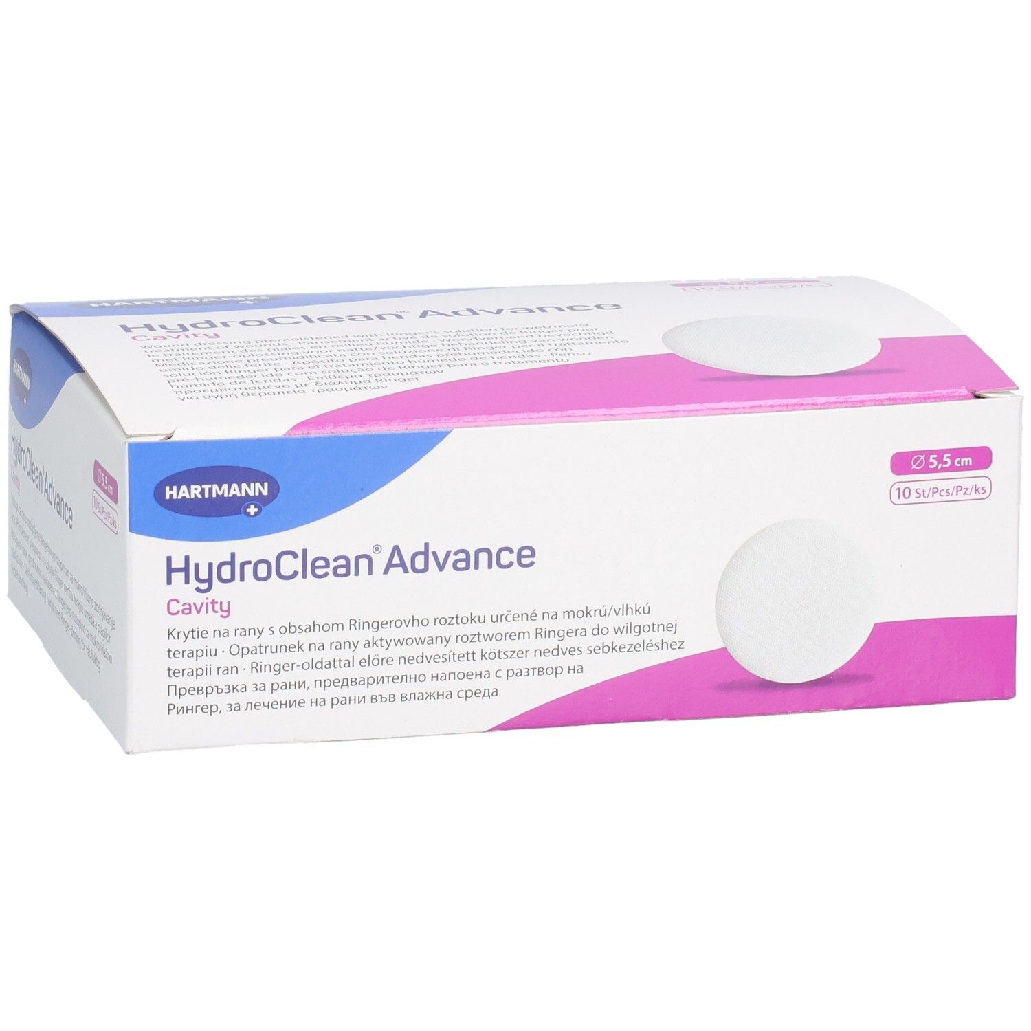 Boîte de HydroClean Advance Cavity. Boîte blanche avec accents roses et informations produit. Tampons ronds visibles.