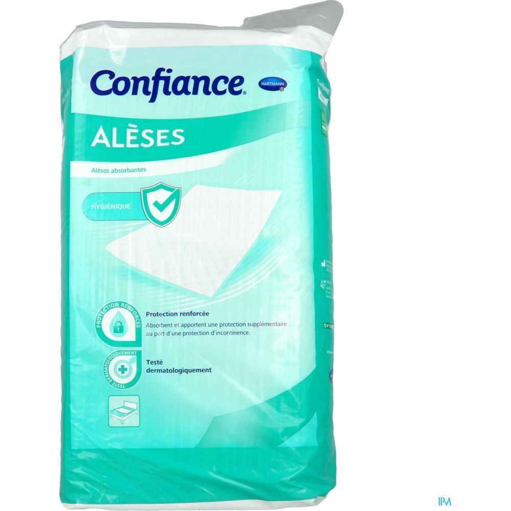 Paquet d'alèses absorbantes. Inscription: Confiance, ALÈSES, hygiénique, protection renforcée, testé dermatologiquement.