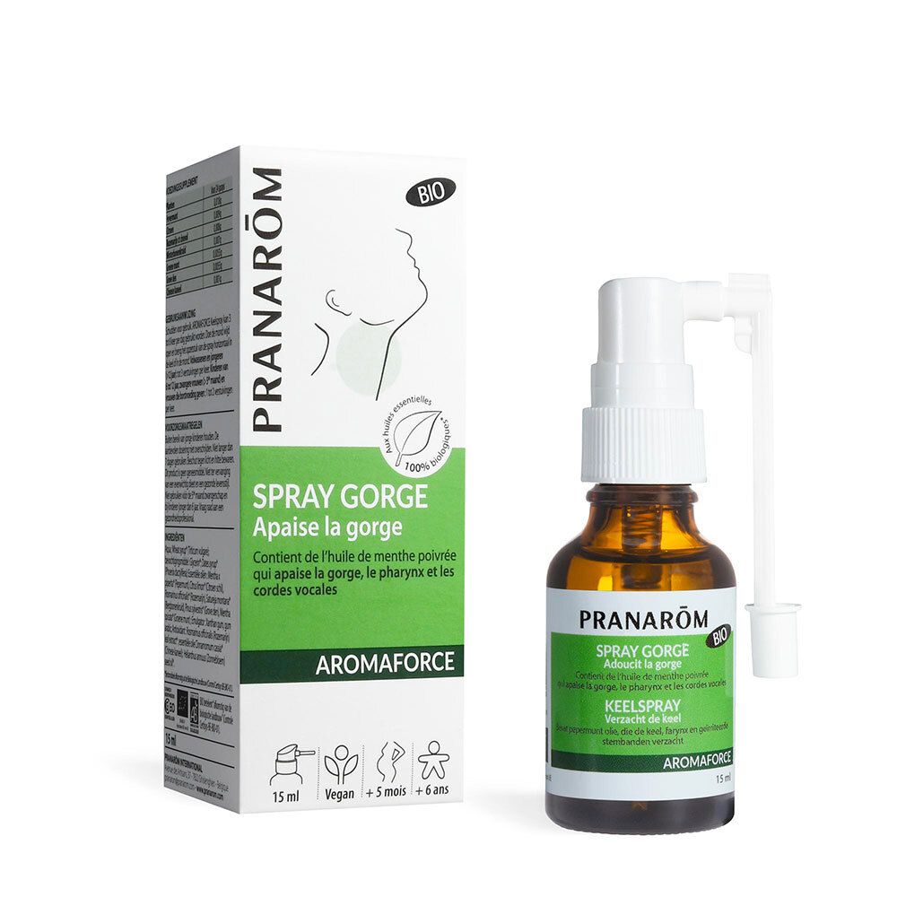 Flacon en verre brun avec spray blanc et boîte. Inscription : SPRAY GORGE, AROMAFORCE, BIO.