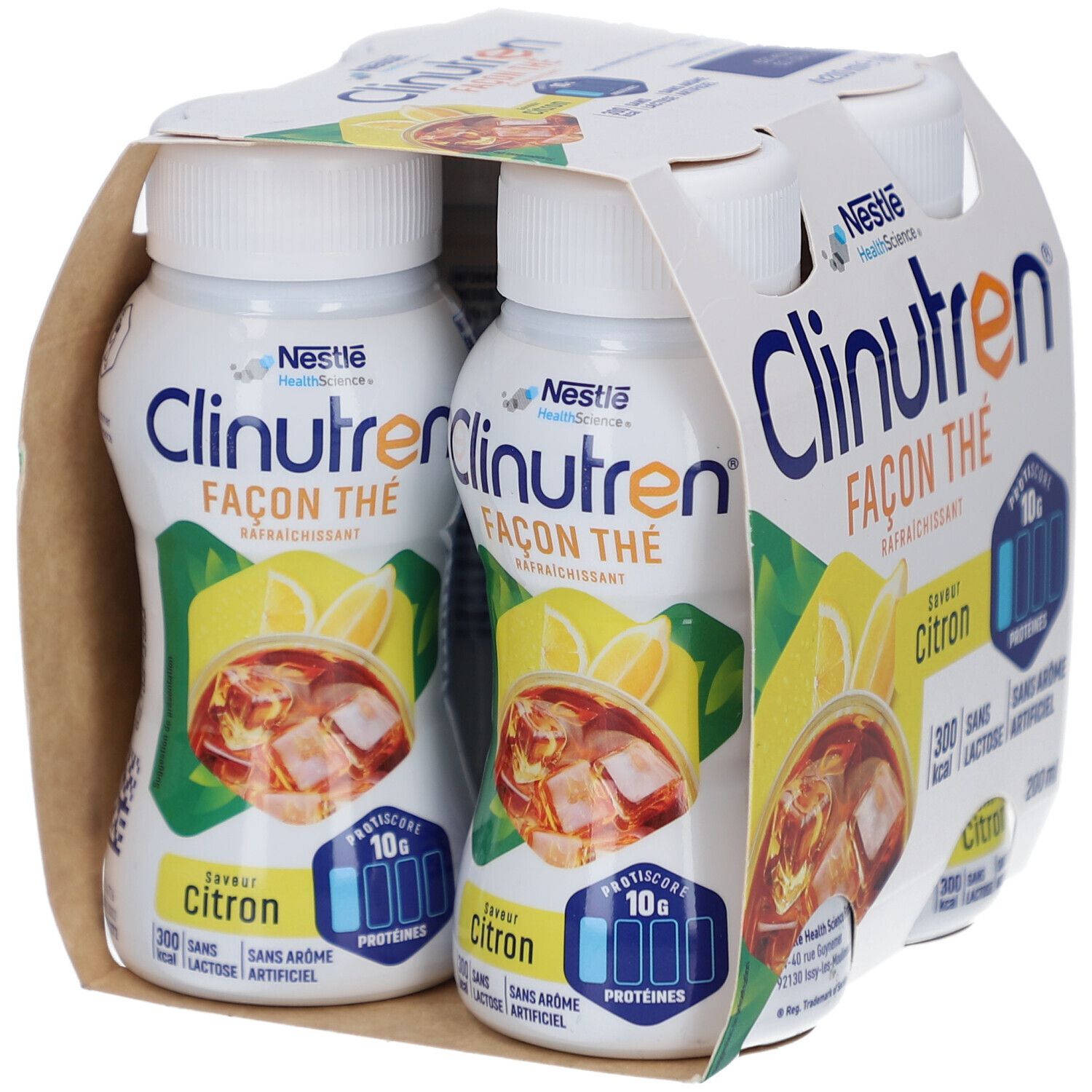 Emballage de quatre bouteilles Clinutren Façon Thé Citron. Inscriptions: Nestle, protéines, 300 kcal, sans lactose, sans arôme artificiel.