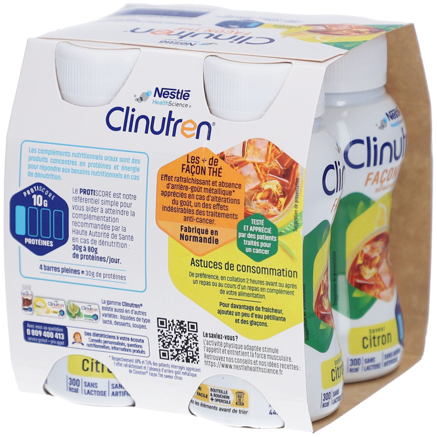 Emballage de quatre bouteilles Clinutren Façon Thé Citron. Verso avec texte et QR code. Inscriptions: Nestle, protéines, 300 kcal, sans lactose.