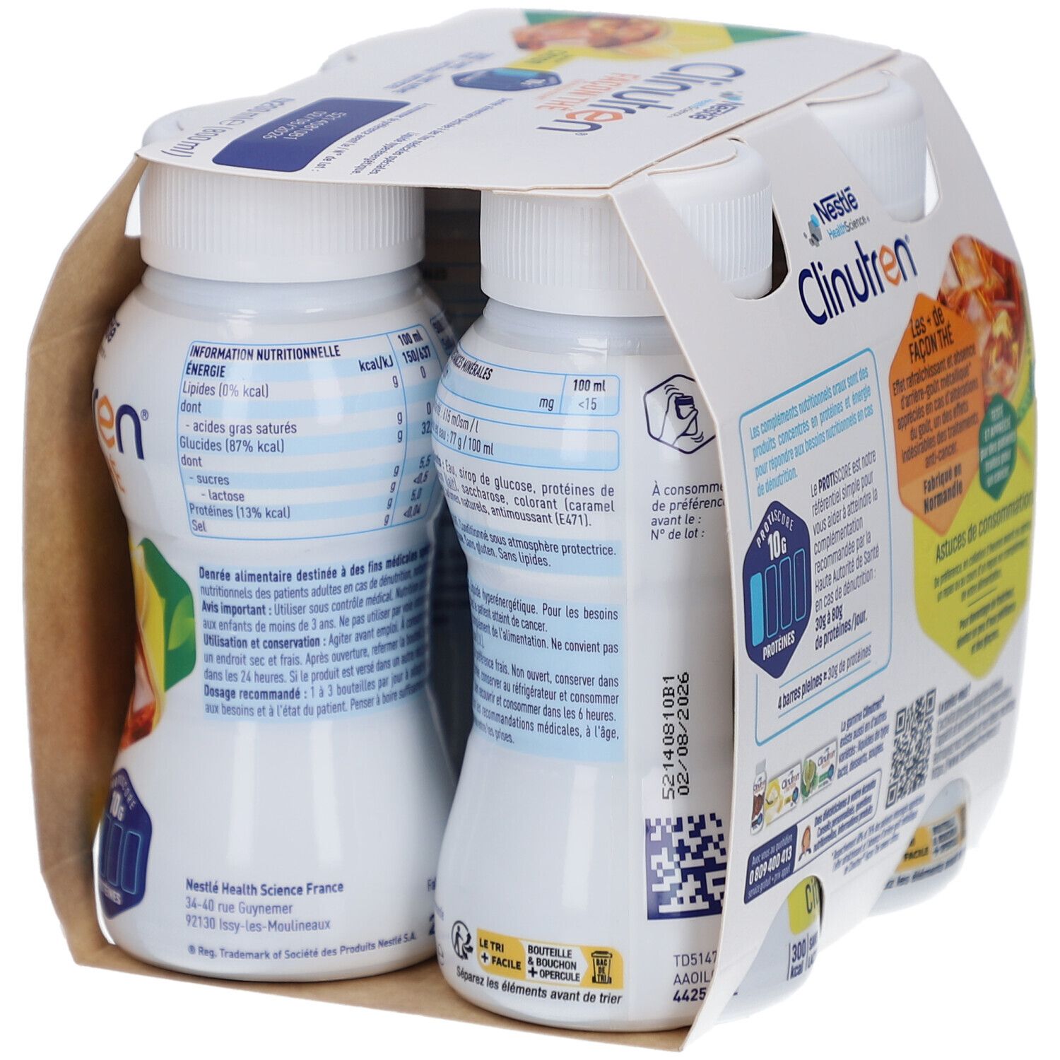 Emballage de quatre bouteilles Clinutren Façon Thé Citron. Verso avec informations nutritionnelles. Inscriptions: Nestle, protéines, 300 kcal, sans lactose.