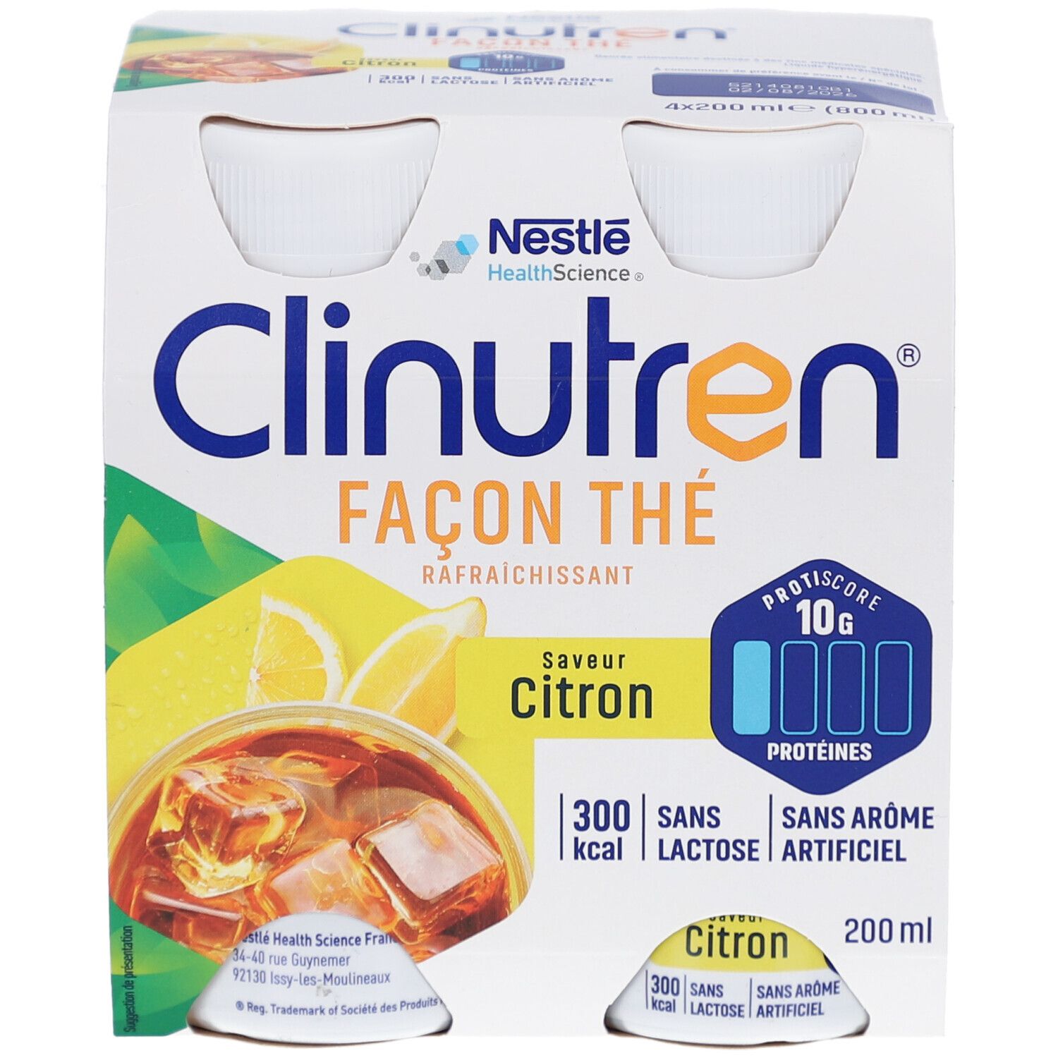 Emballage de quatre bouteilles Clinutren Façon Thé Citron. Inscriptions: Nestle, protéines, 300 kcal, sans lactose, sans arôme artificiel, 200 ml.