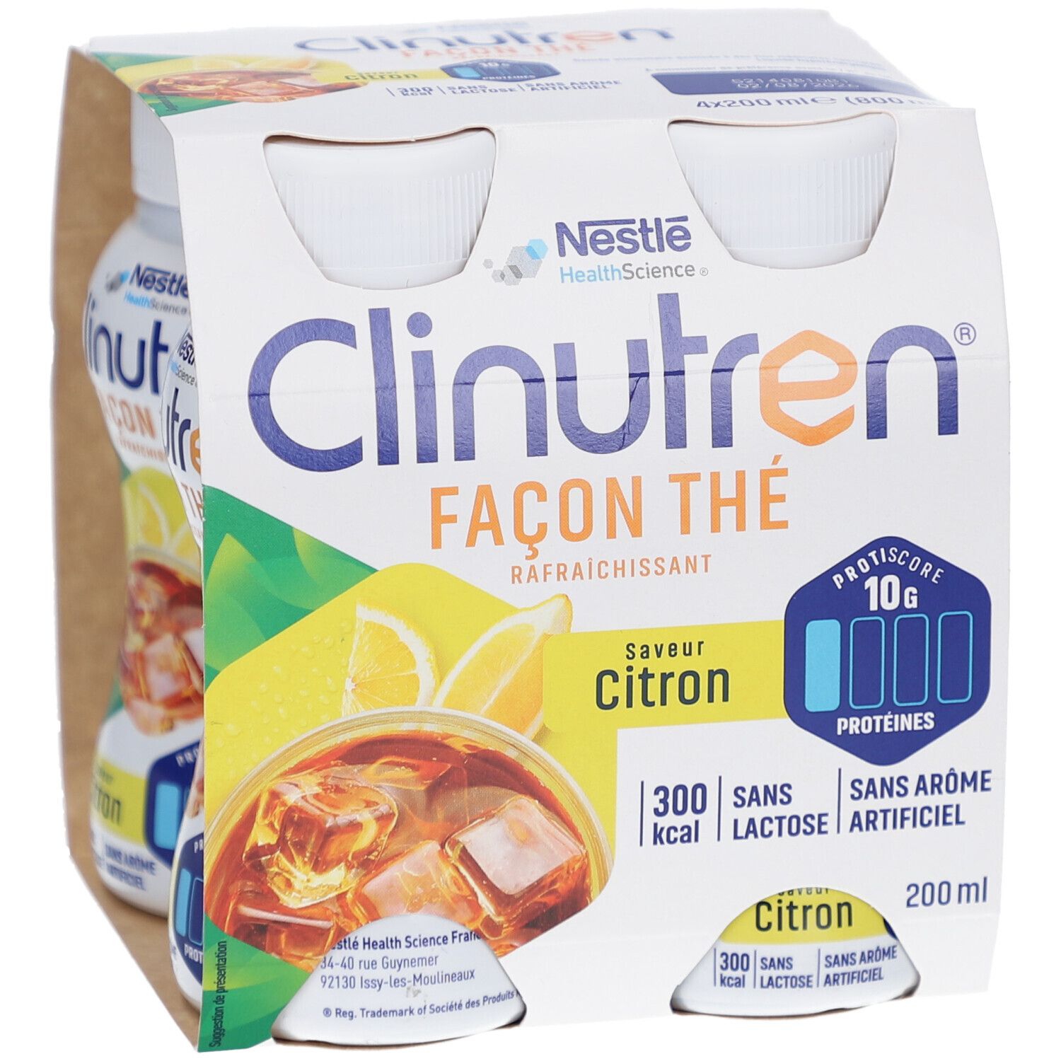 Emballage de quatre bouteilles Clinutren Façon Thé Citron. Inscriptions: Nestle, protéines, 300 kcal, sans lactose, sans arôme artificiel, 200 ml.