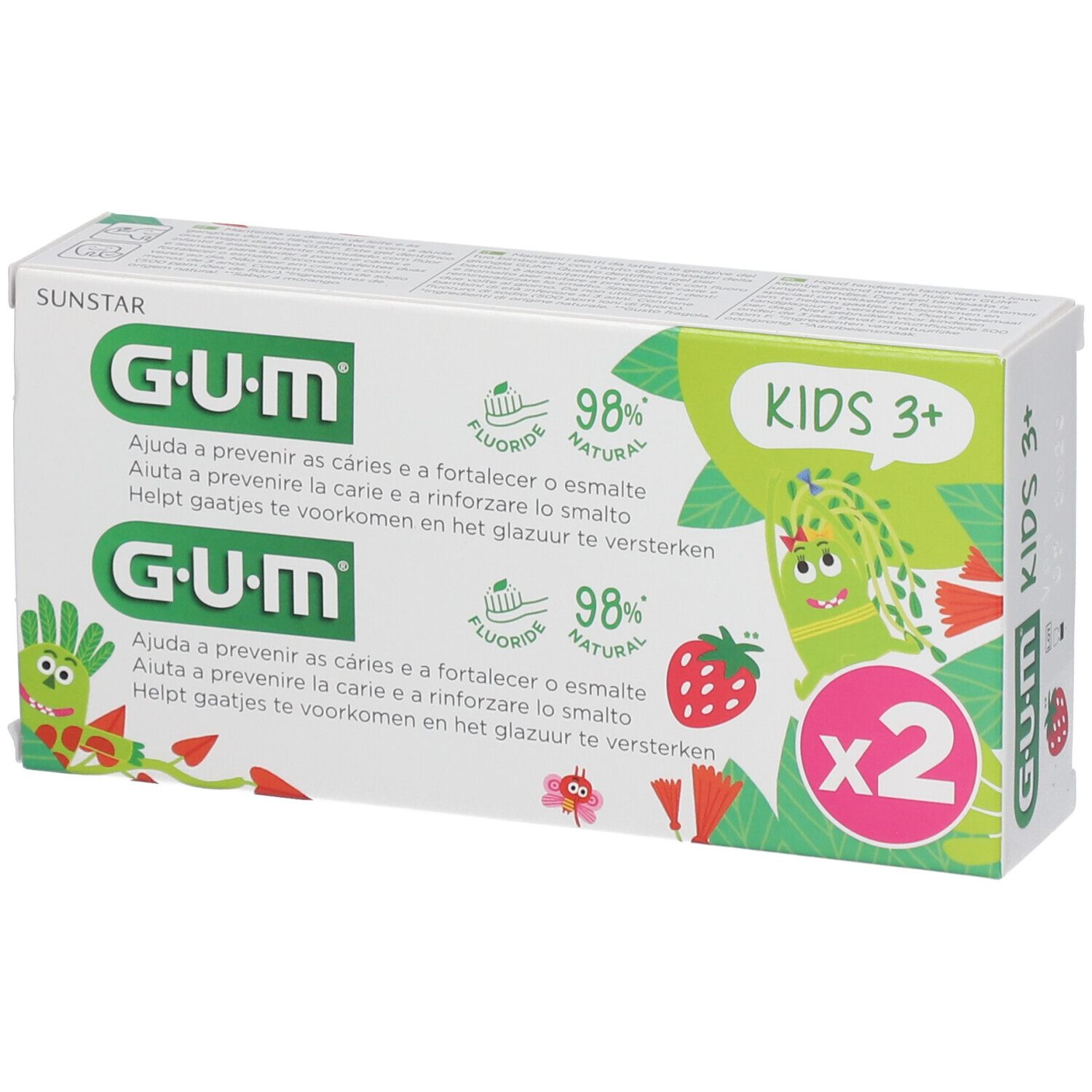 Boîte de dentifrice GUM KIDS 3+ avec deux tubes. Contient 98% d'ingrédients naturels et du fluorure. Inscriptions multilingues.