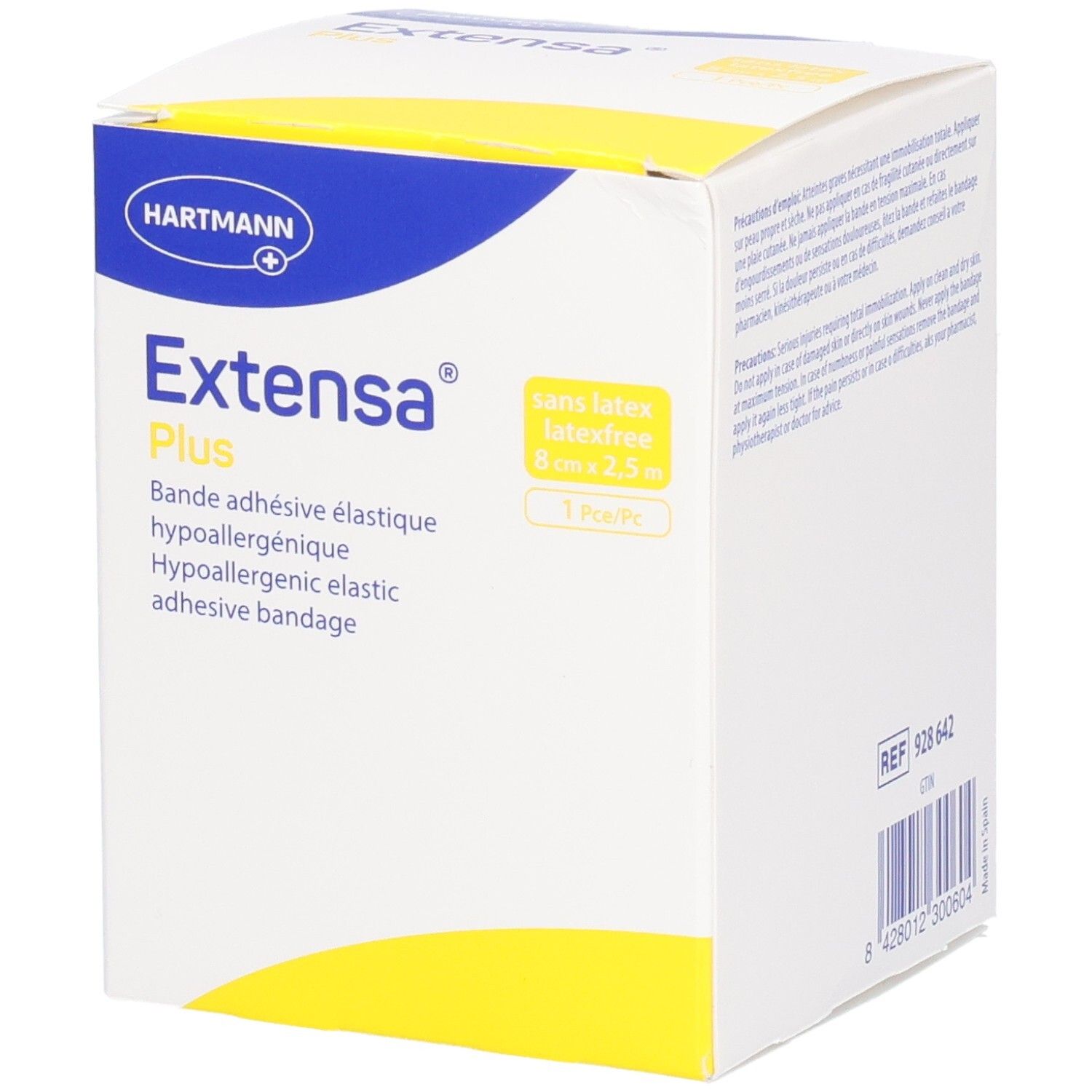 Boîte blanche et jaune. Inscription: Extensa Plus, bandage élastique. Marque: HARTMANN. Sans latex, 8 cm x 2,5 m.