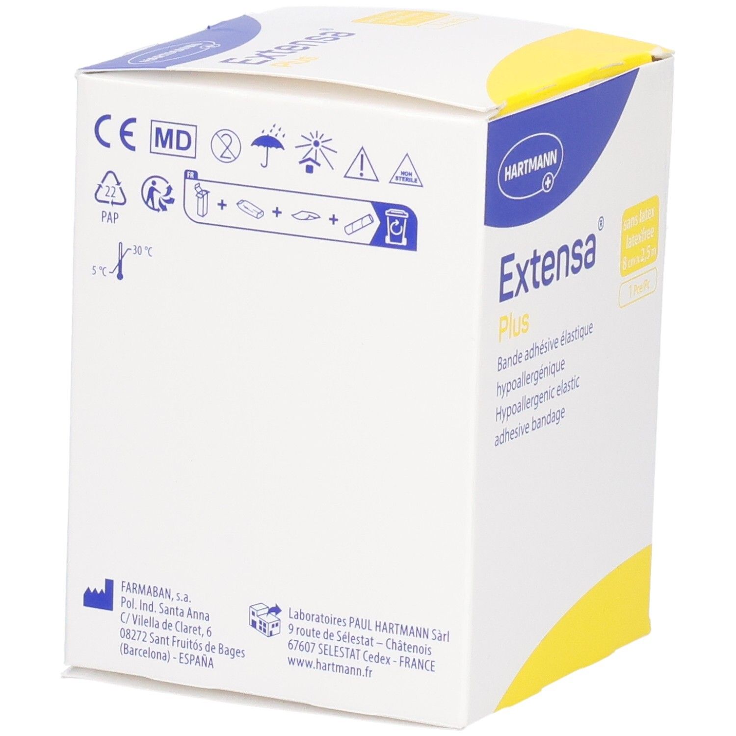 Boîte avec informations produit. Inscription: Extensa Plus, bandage élastique. Marque: HARTMANN. Avec marquage CE et pictogrammes.