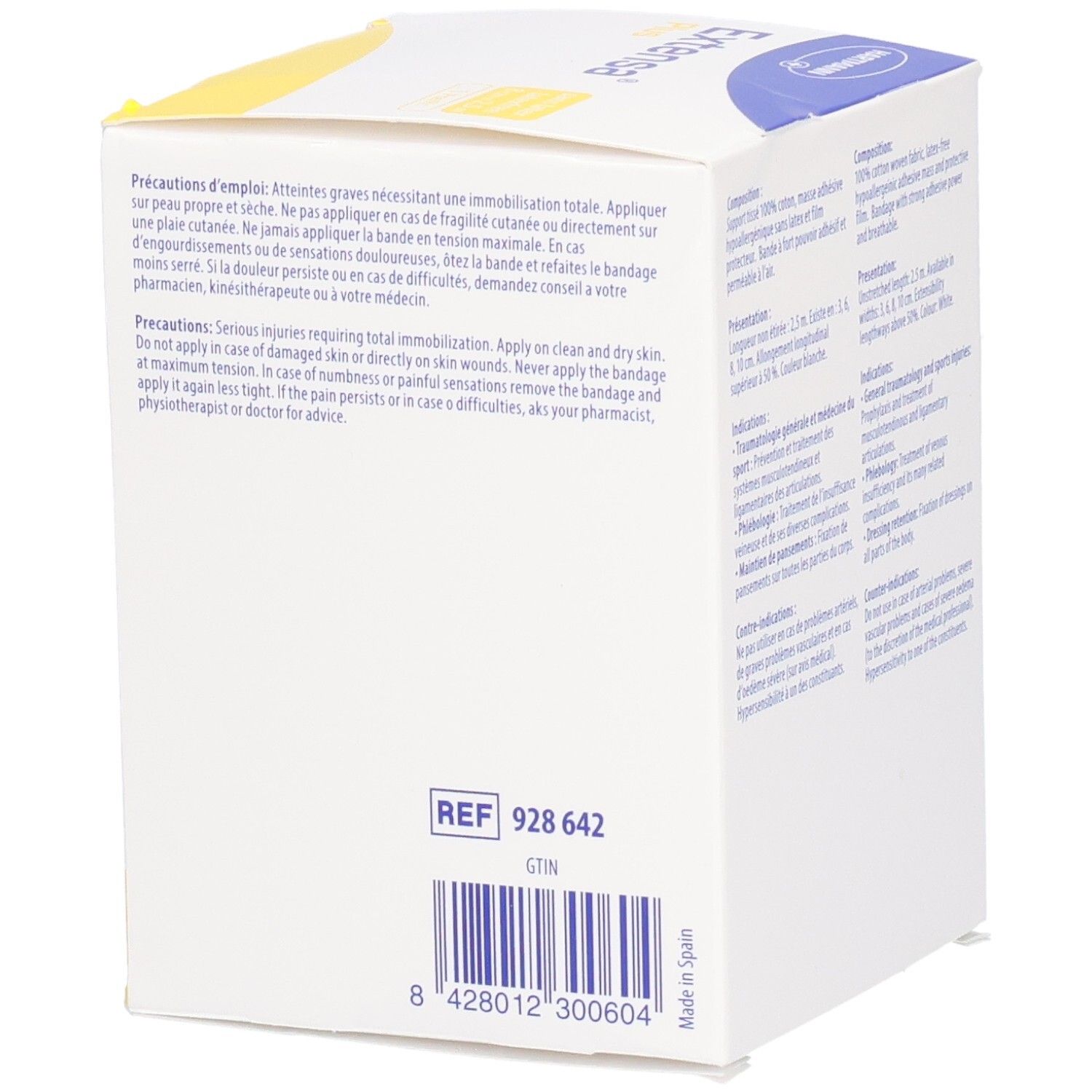 Dos de la boîte avec informations. Numéro de référence et code-barres. Fabriqué en France.