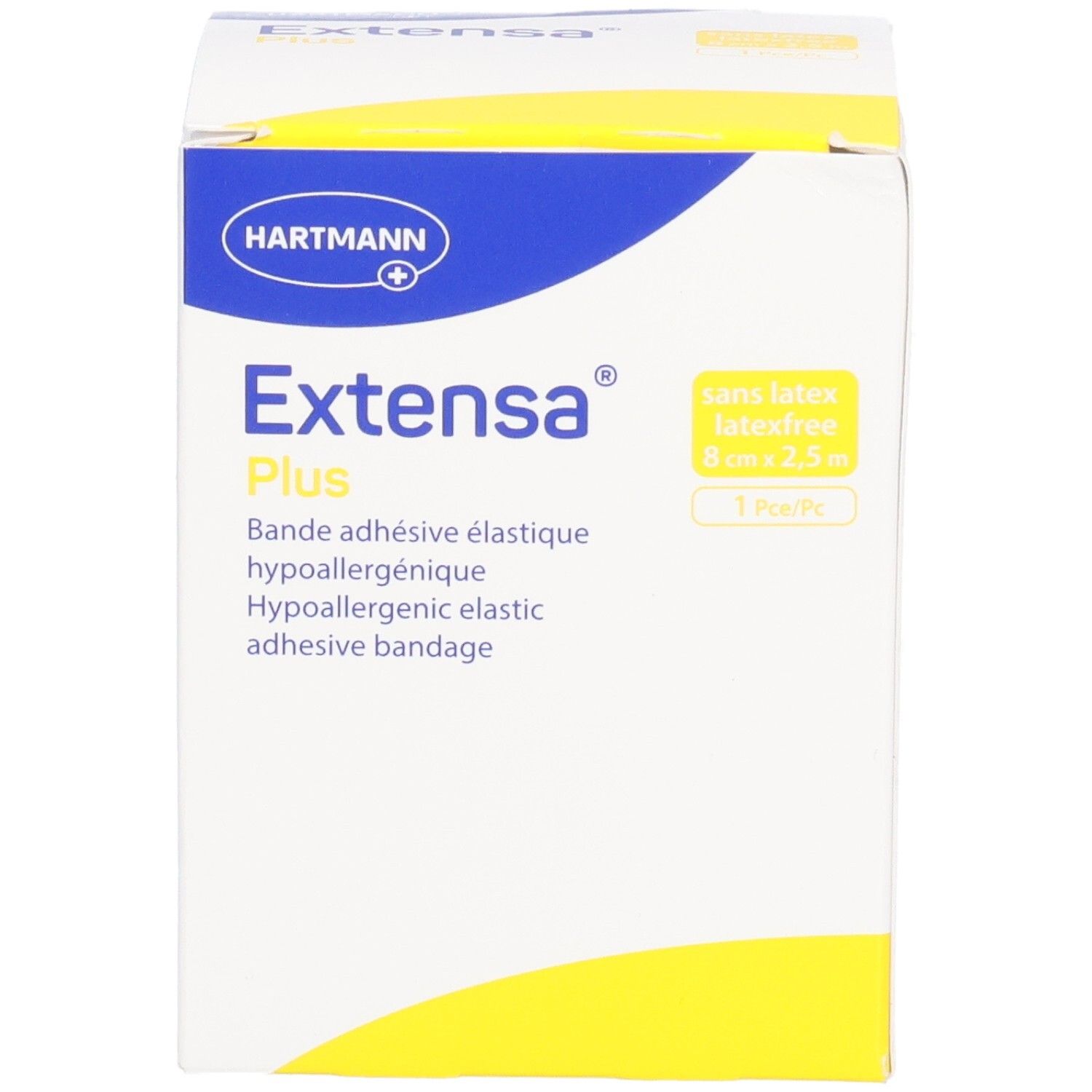 Boîte avec informations produit. Inscription: Extensa Plus, bandage élastique. Marque: HARTMANN. Sans latex, 8 cm x 2,5 m.