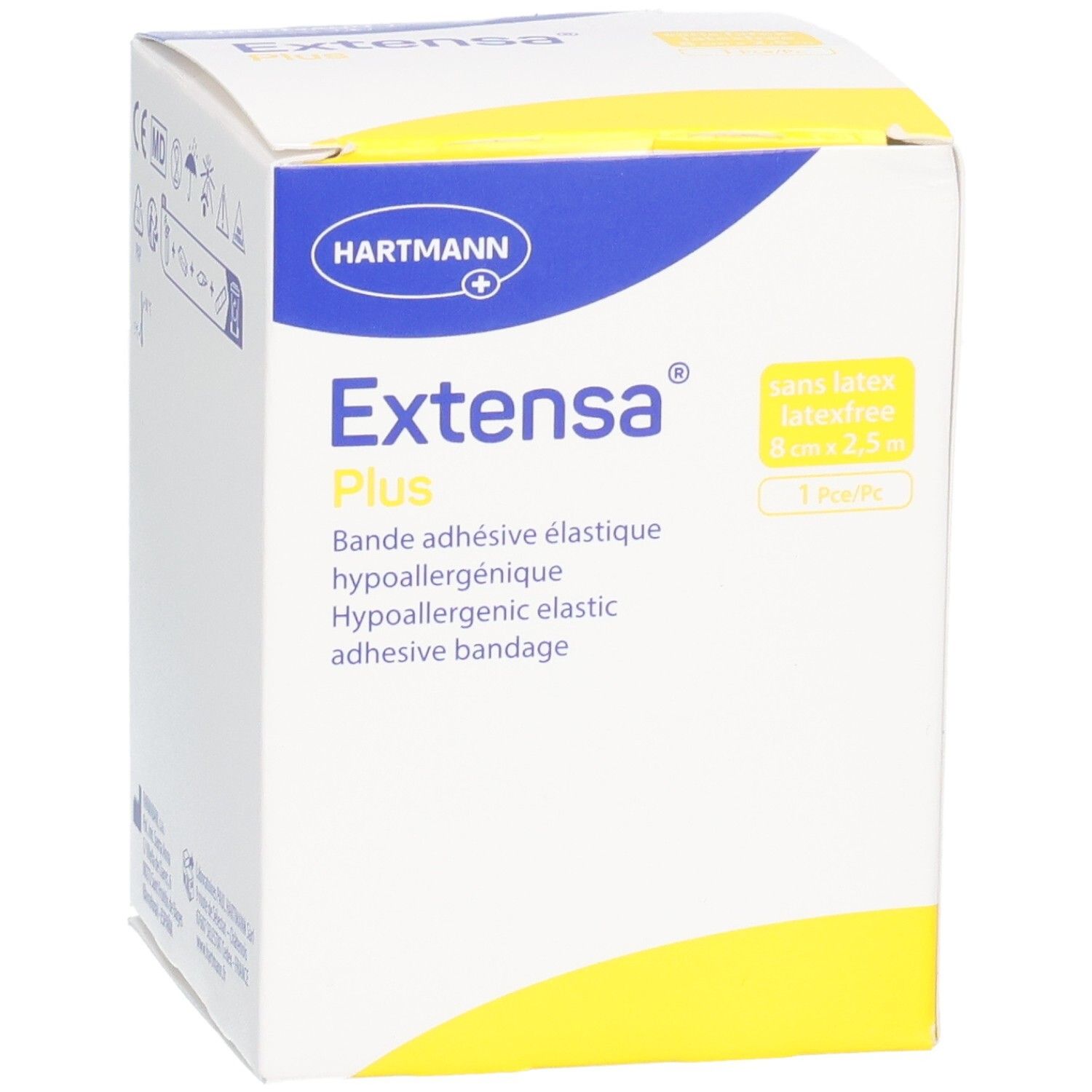 Boîte avec informations produit. Inscription: Extensa Plus, bandage élastique. Marque: HARTMANN. Sans latex, 8 cm x 2,5 m.
