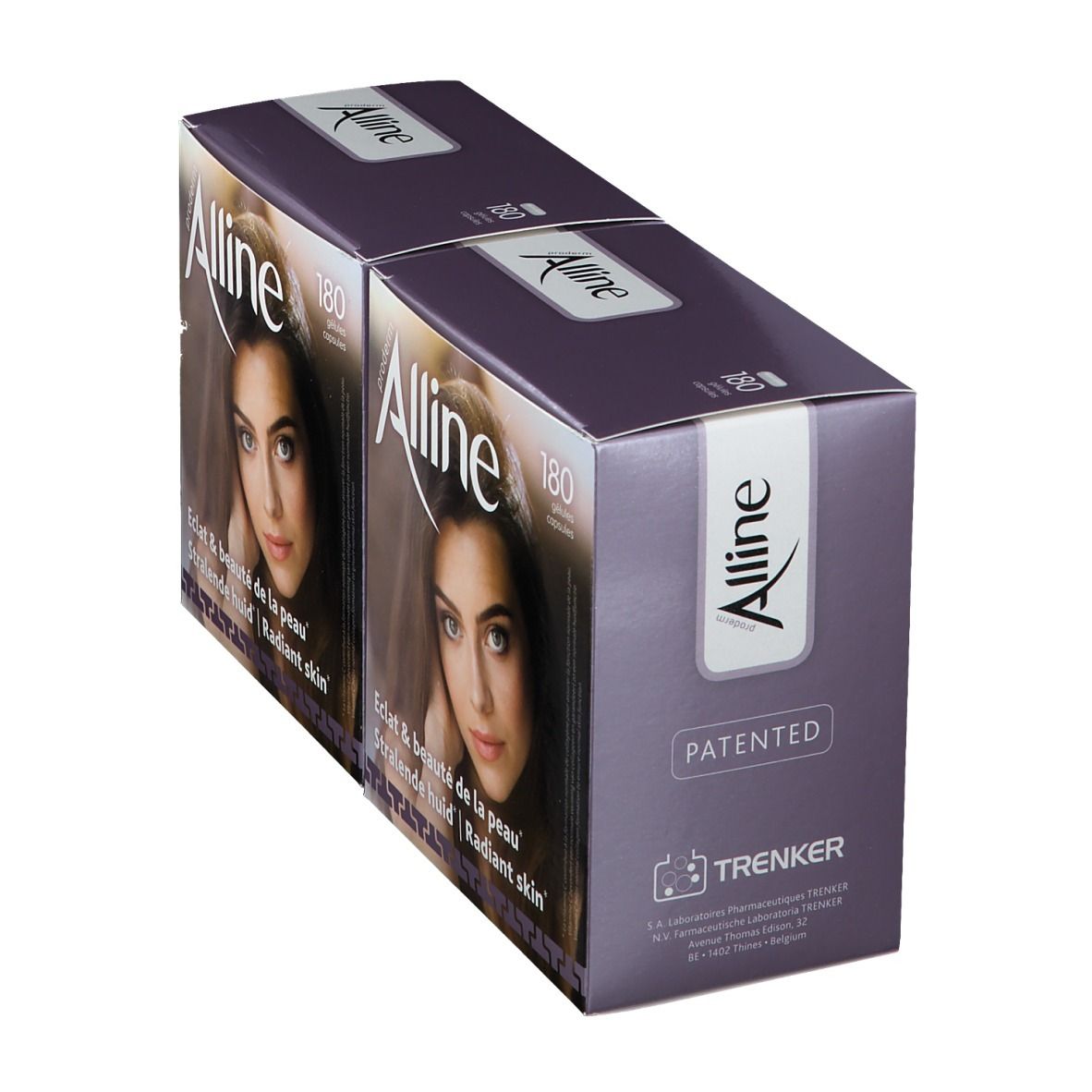 Deux boîtes Alline Proderm. Emballage violet avec impression. Impression : Alline, 180 gélules, visage de femme. Breveté.