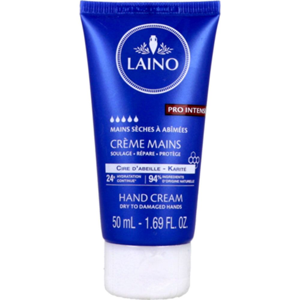 Tube bleu avec bouchon blanc. Crème Mains LAINO, texte: Mains sèches à abîmées, Hand Cream. Contenance: 50 ml.