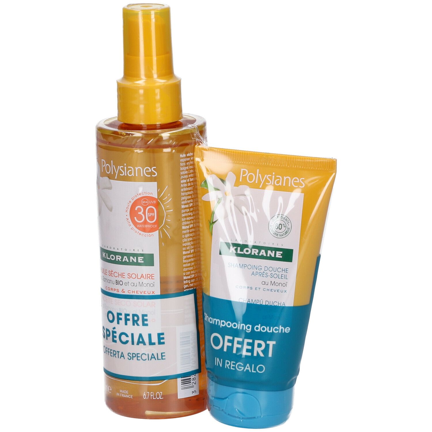 KLORANE Huile Sèche Solaire SPF50 Corps/Cheveux + Shampoing Douche Après-soleil au Monoï et Tamanu BIO