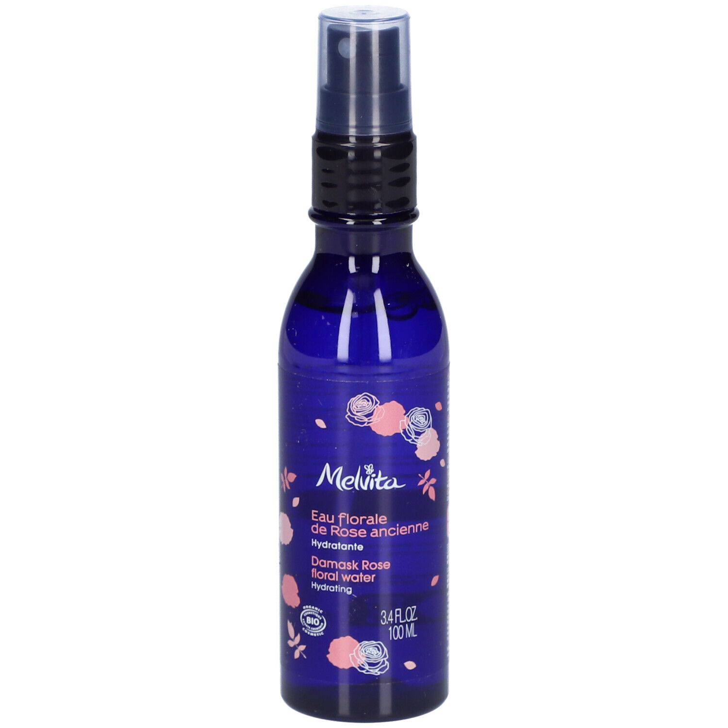 Flacon bleu avec vaporisateur. Inscription : Melvita, Eau florale de Rose ancienne, Damask Rose floral water. 3.4 fl oz 100 ml.