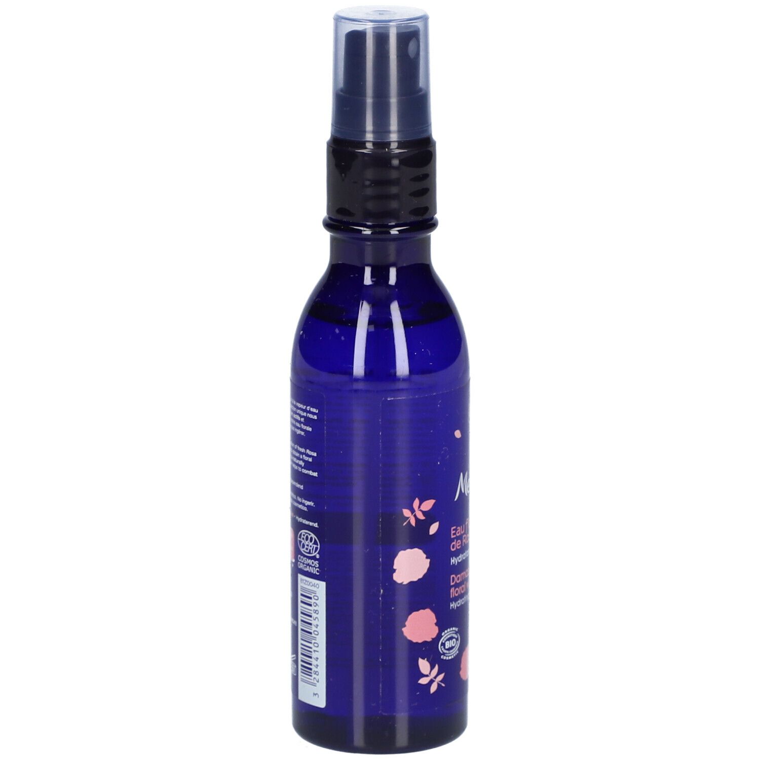 Flacon bleu avec vaporisateur. Texte et logo sur le côté. Inscription : Melvita, Eau florale de Rose ancienne, Damask Rose floral water.