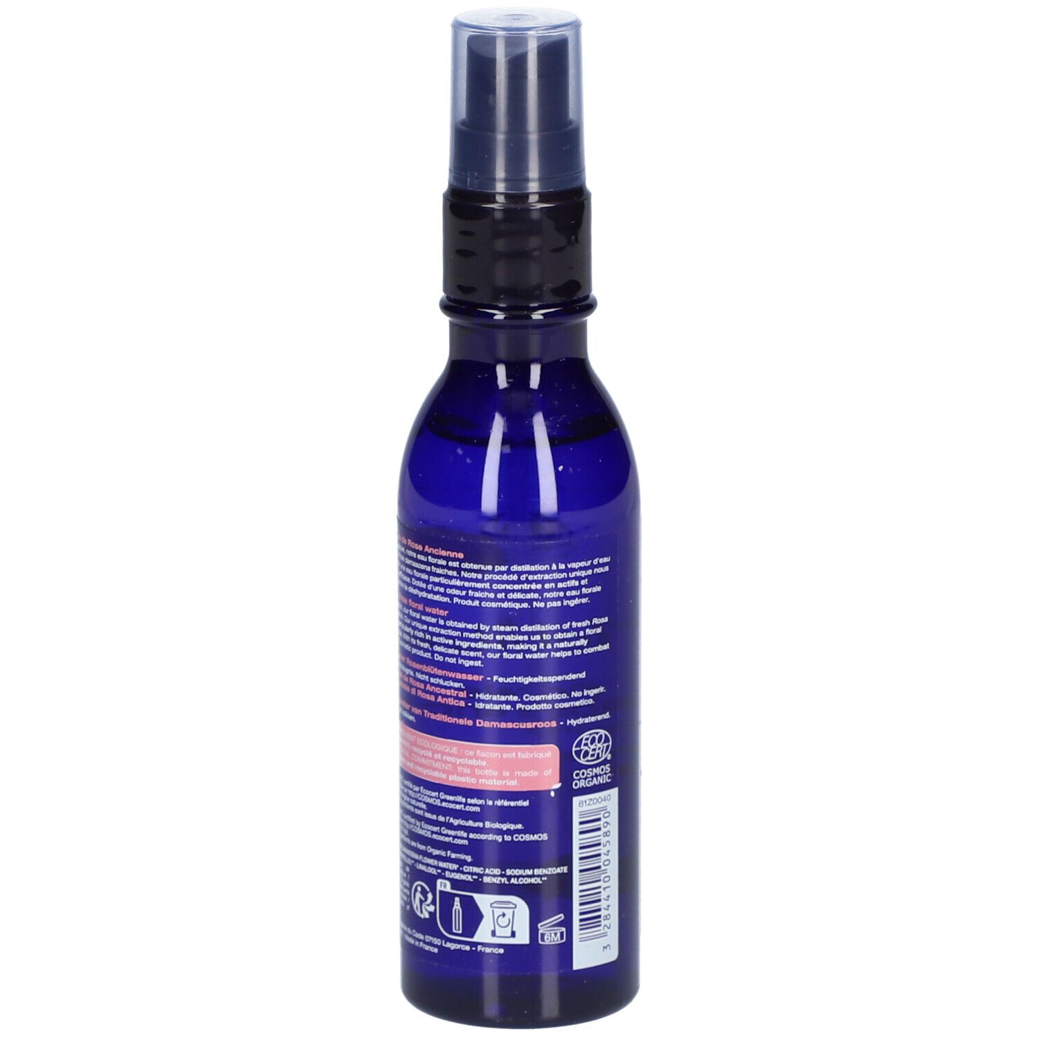 Flacon bleu avec vaporisateur. Dos avec texte. Inscription : Melvita, Eau florale de Rose ancienne, Damask Rose floral water. Certification bio.