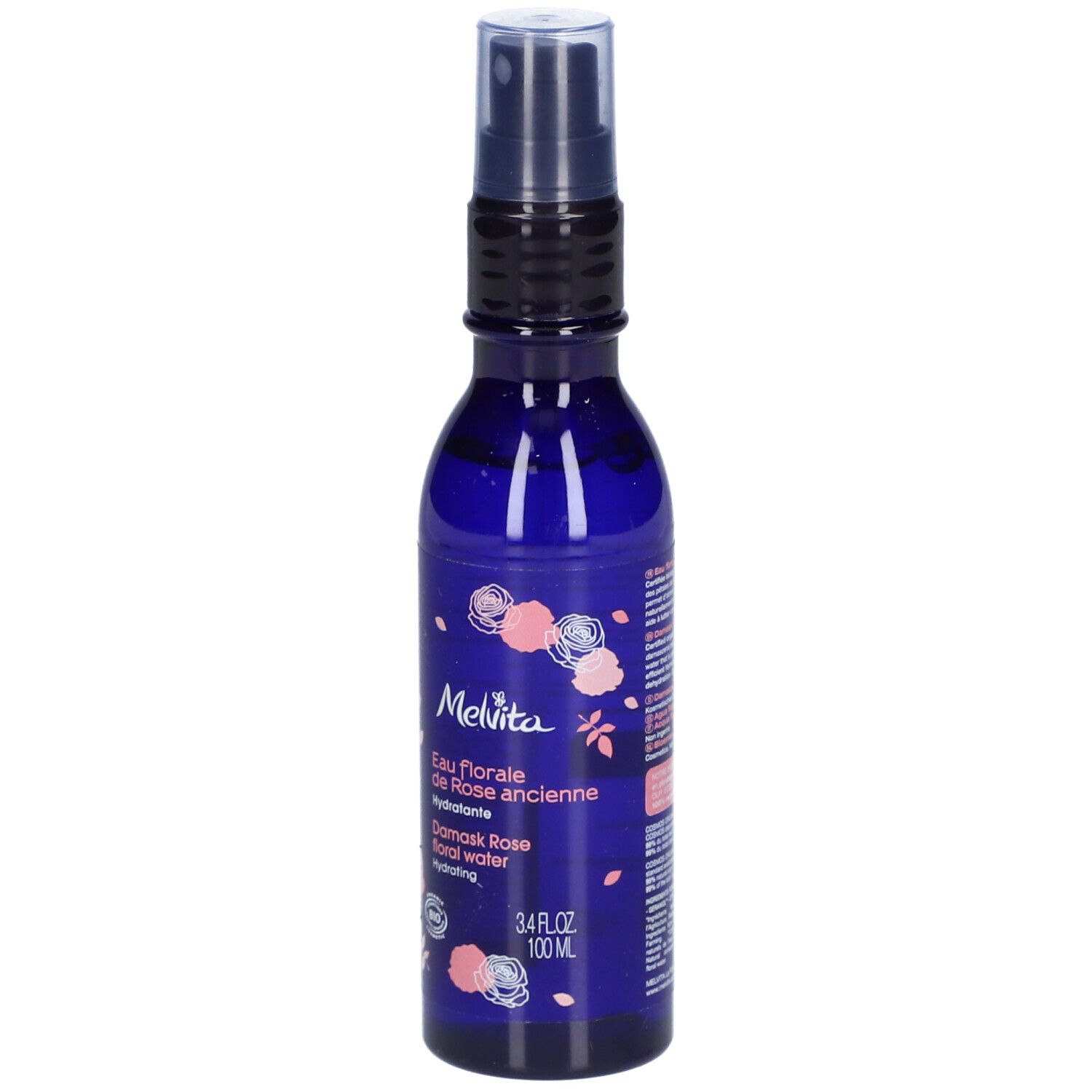Flacon bleu avec vaporisateur. Inscription : Melvita, Eau florale de Rose ancienne, Damask Rose floral water. 3.4 fl oz 100 ml. Certification bio.