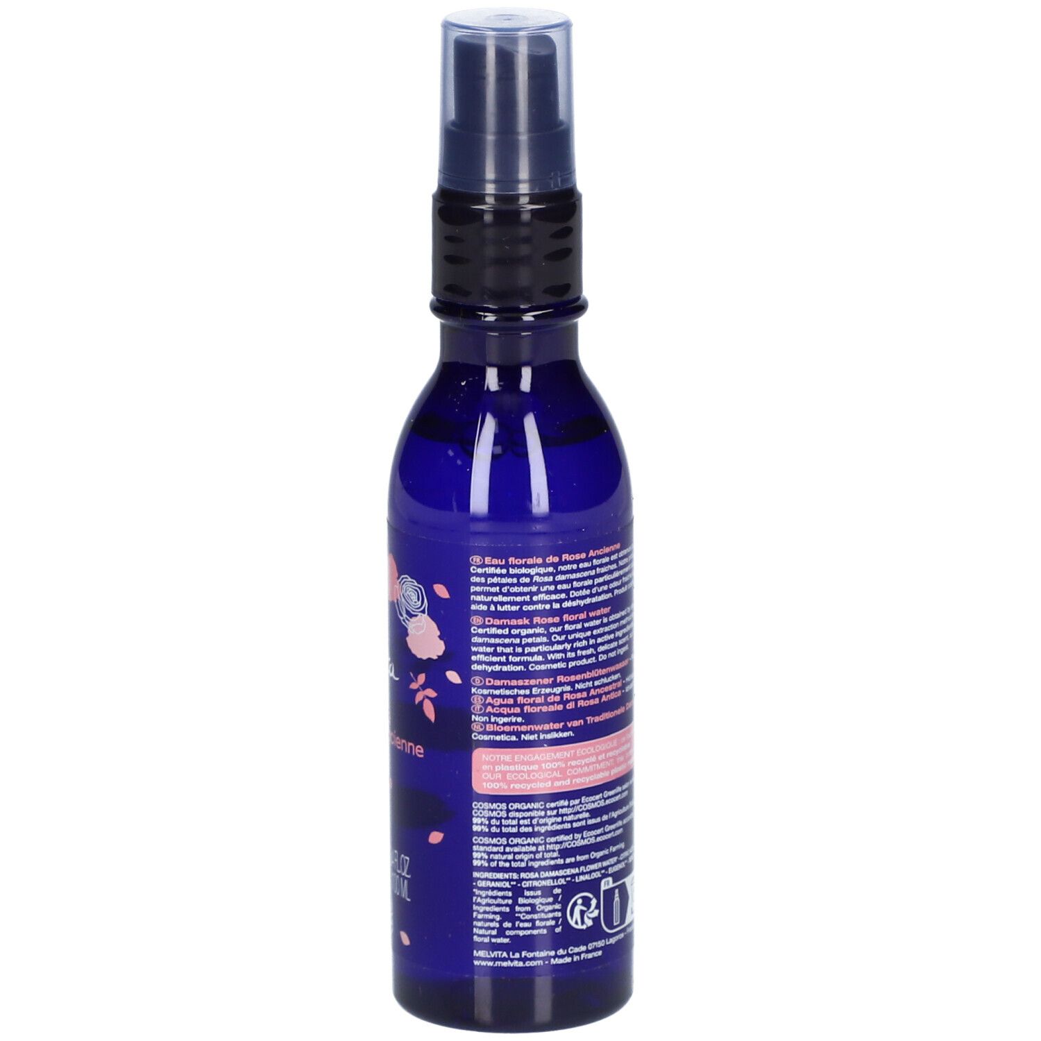 Flacon bleu avec vaporisateur. Dos avec texte. Inscription : Melvita, Eau florale de Rose ancienne, Damask Rose floral water. Certification bio.