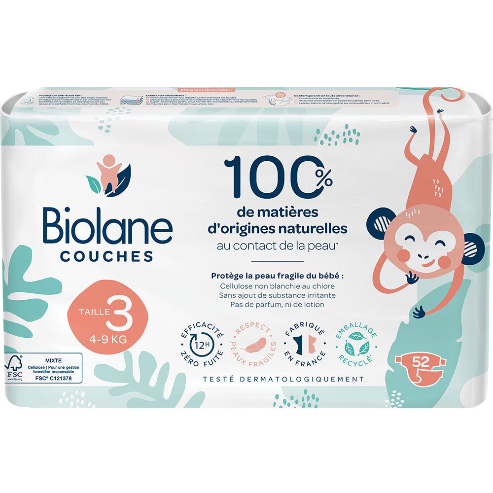 Paquet de couches Biolane taille 3. 100% matières naturelles. Illustration singe. 4-9 kg. 52 couches.