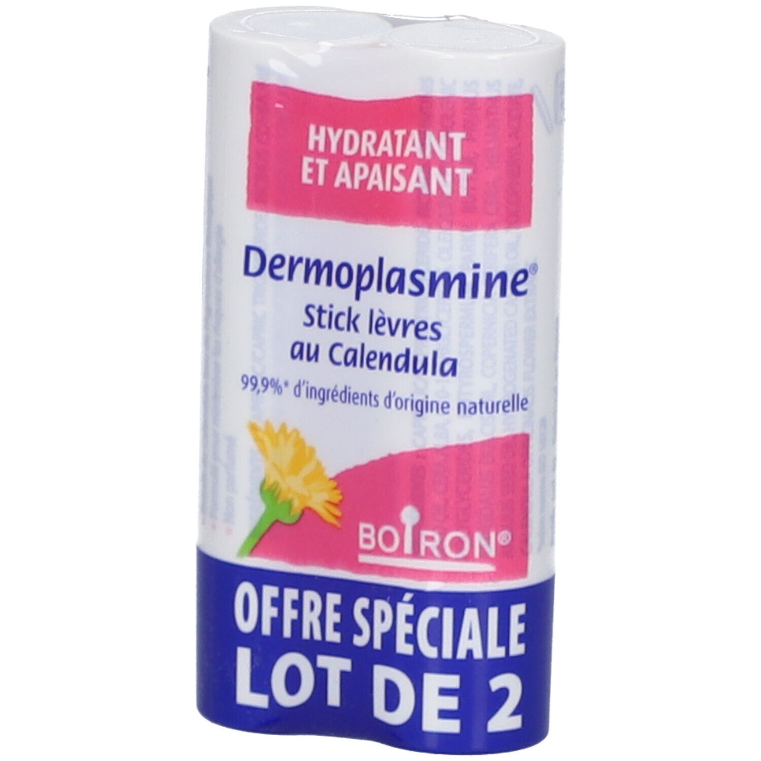 Emballage de deux sticks lèvres. Blanc avec texte rose et bleu. Texte: Dermoplasmine, Lot de 2, Boiron.