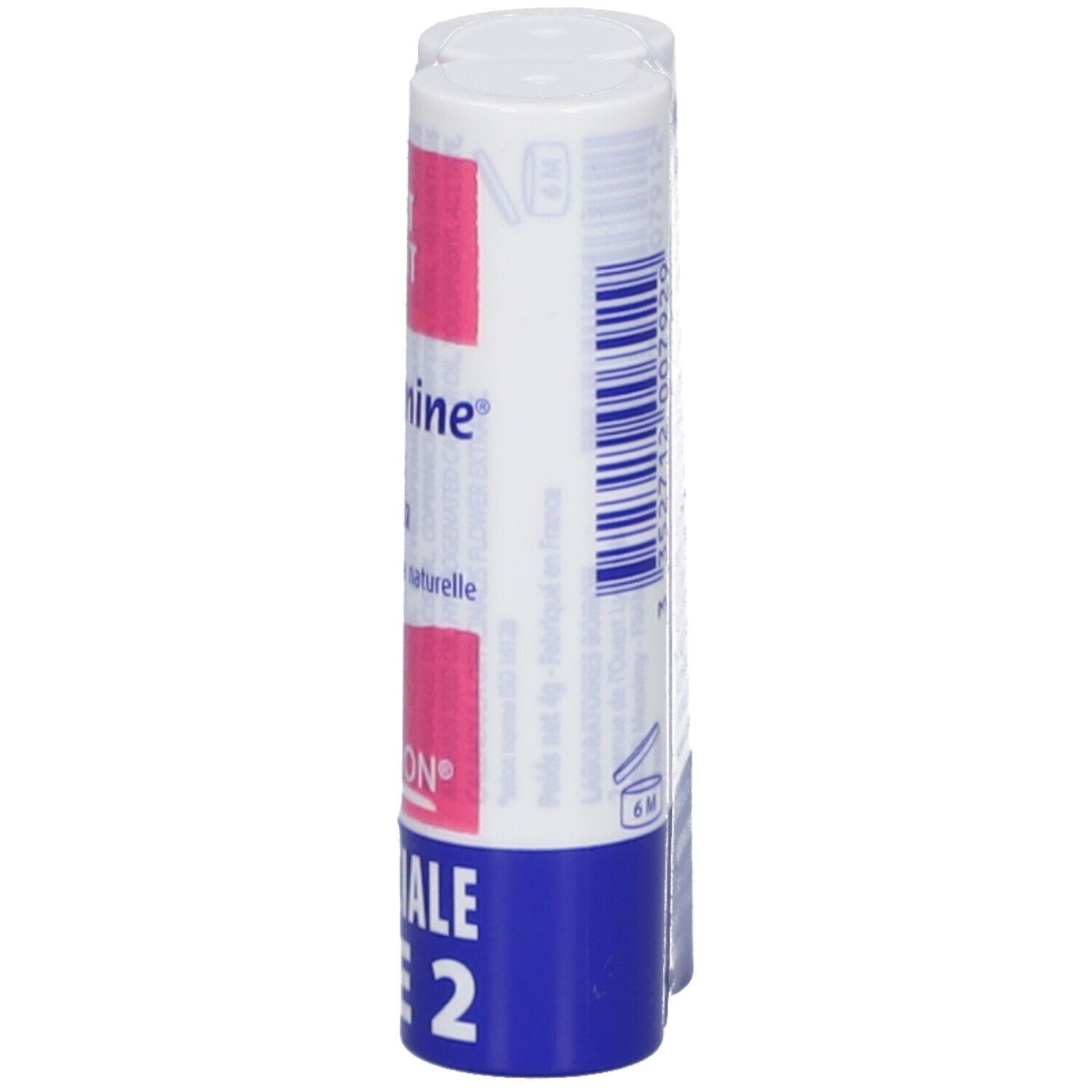 Emballage de deux sticks lèvres. Blanc avec texte rose et bleu. Texte: Dermoplasmine, Lot de 2, Boiron.