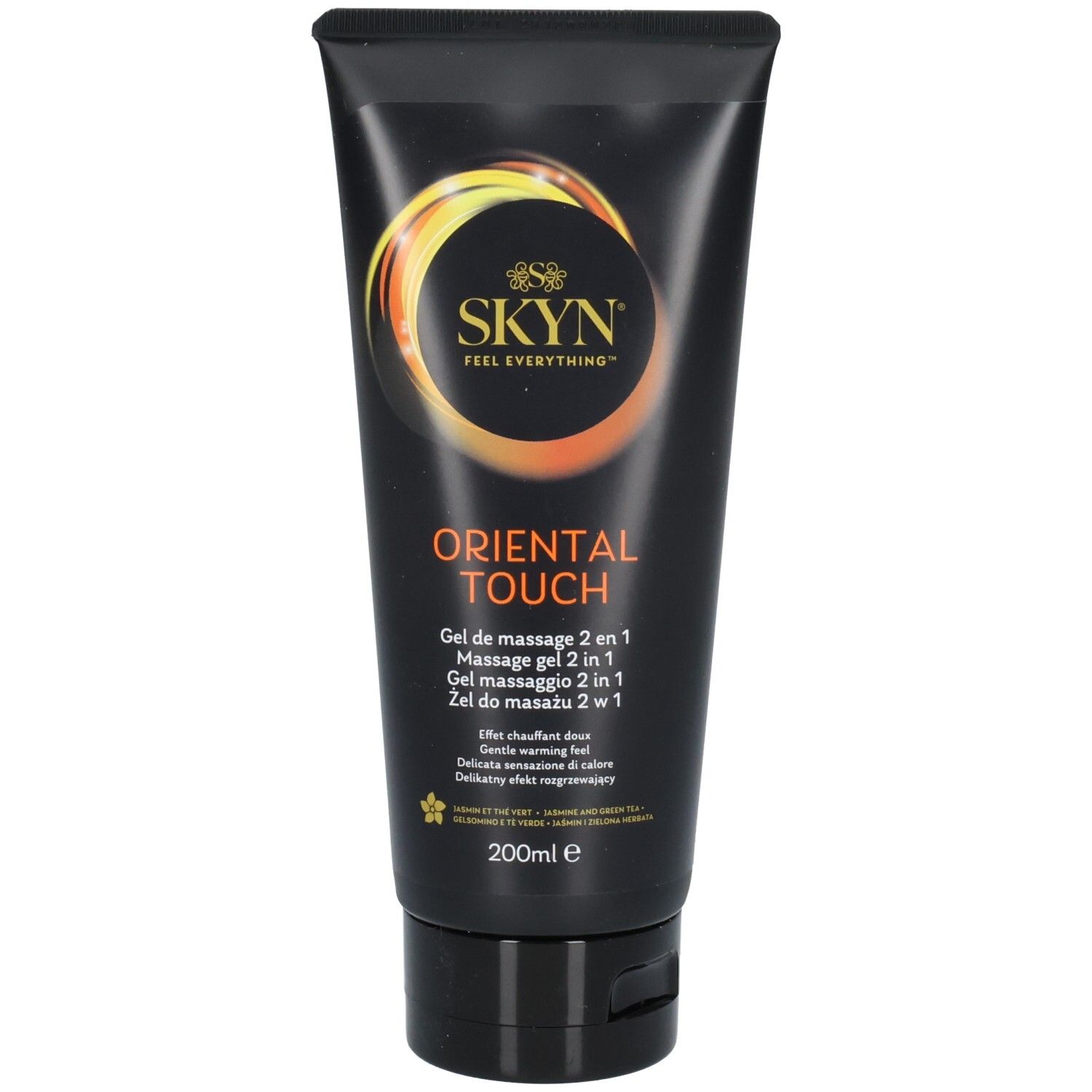 Tube noir avec nom et logo du produit. Cercles jaunes et oranges. Texte: ORIENTAL TOUCH, Gel de massage 2 en 1, 200ml.