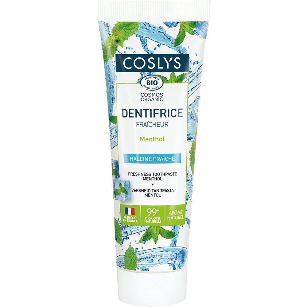 Tube de dentifrice avec motifs floraux et nom du produit. Contient du menthol. Certification bio et origine France.