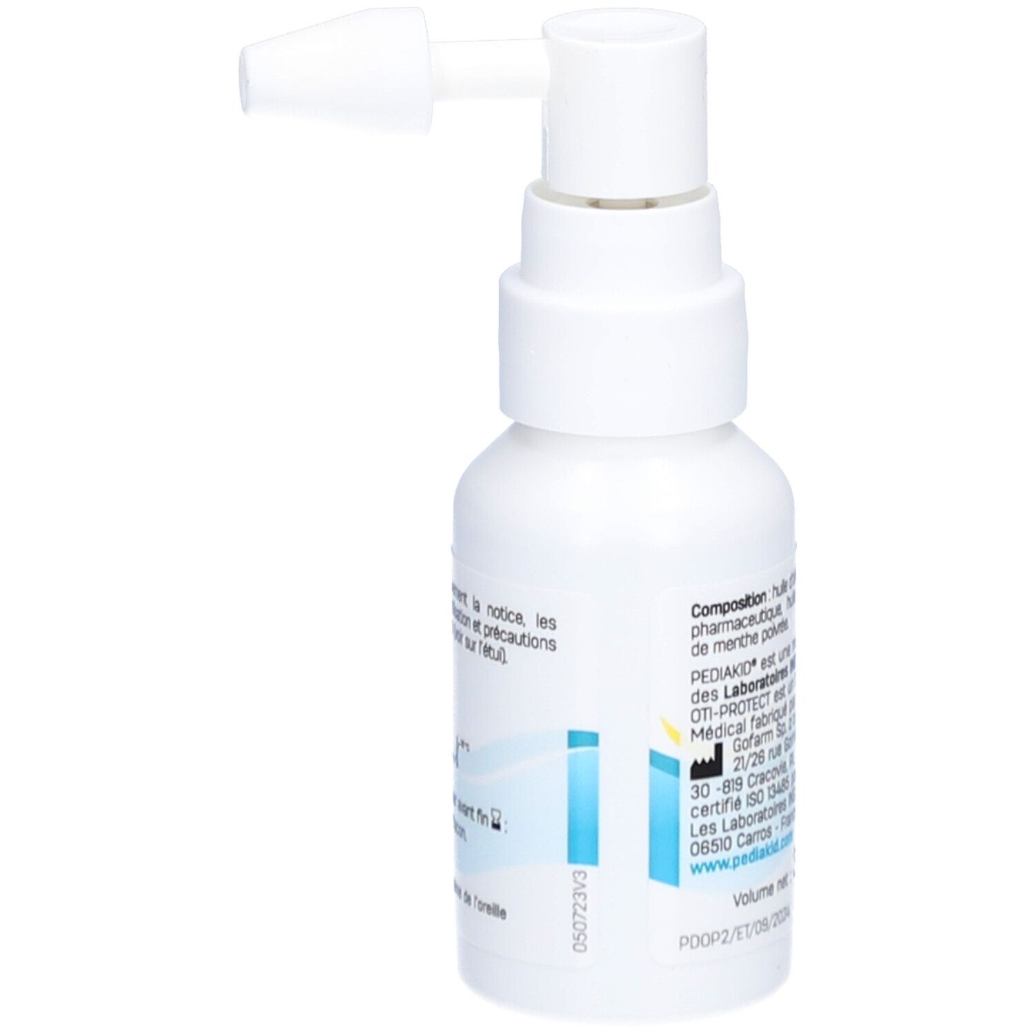 Spray auriculaire Pediakid Oti-Protect, flacon blanc avec applicateur. Inscription Oti-Protect, ingrédients naturels, marquage CE.