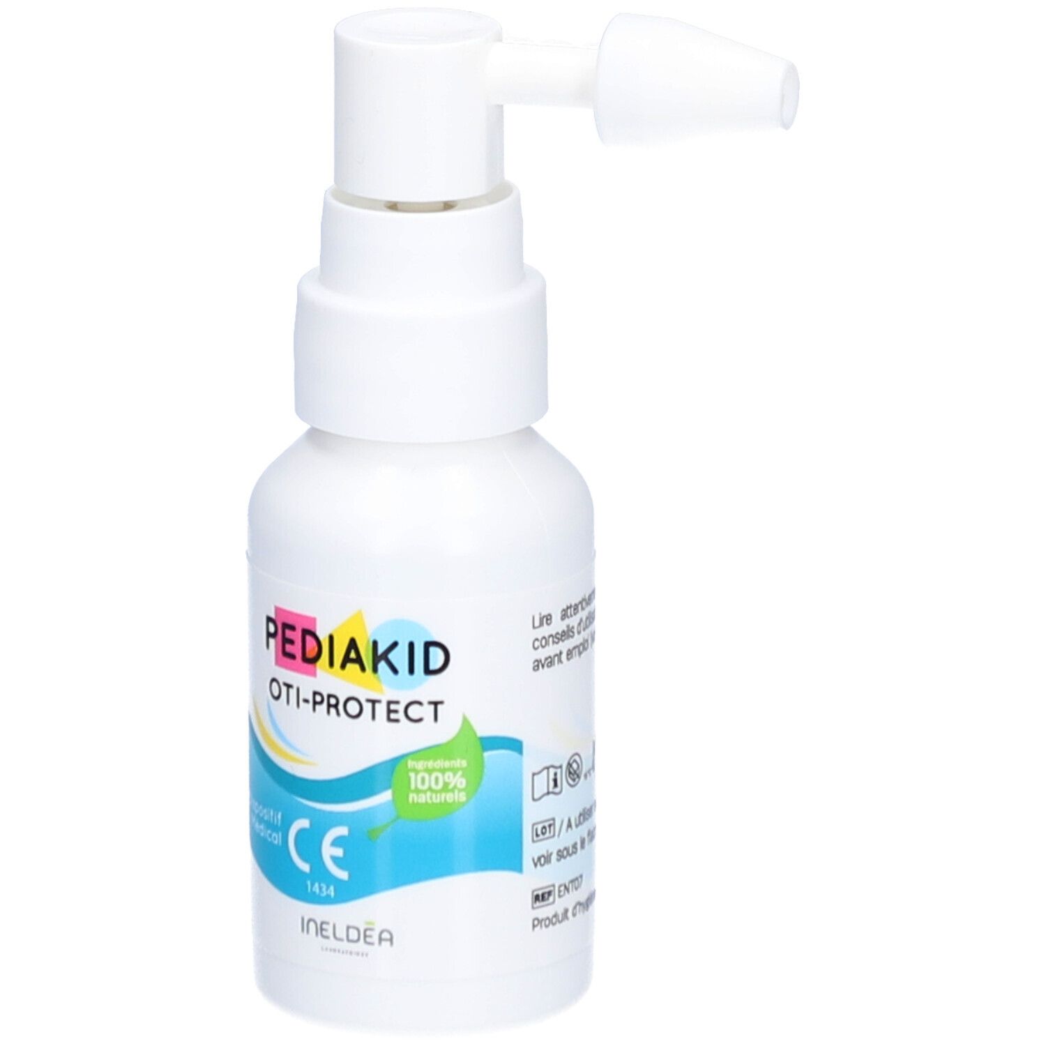 Spray auriculaire Pediakid Oti-Protect, flacon blanc avec applicateur. Inscription Oti-Protect, ingrédients naturels, marquage CE.
