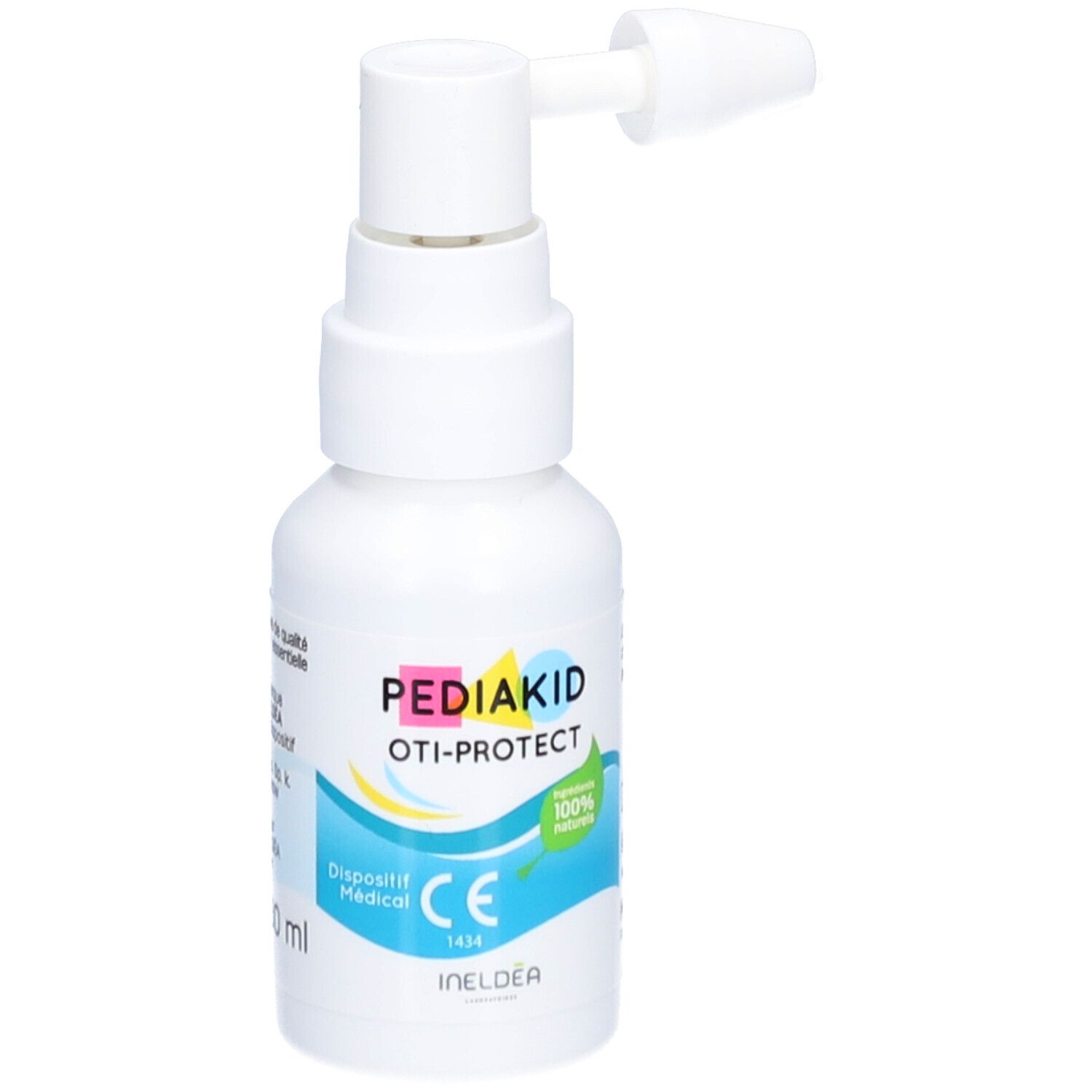 Spray auriculaire Pediakid Oti-Protect, flacon blanc avec applicateur. Inscription Oti-Protect, ingrédients naturels, marquage CE.