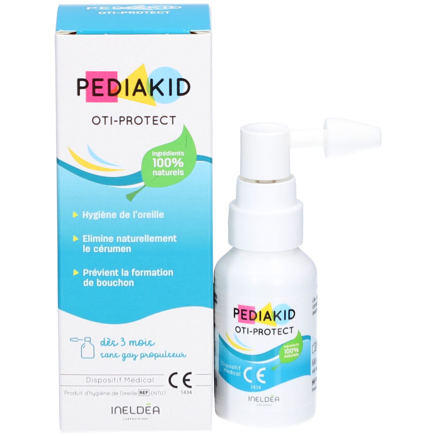 Spray auriculaire Pediakid Oti-Protect, flacon blanc avec applicateur. Inscription Oti-Protect, ingrédients naturels, marquage CE.