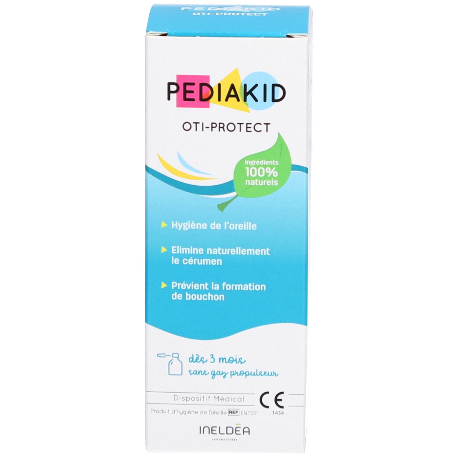 Spray auriculaire Pediakid Oti-Protect avec emballage. Inscription Oti-Protect, ingrédients naturels, hygiène des oreilles, marquage CE.