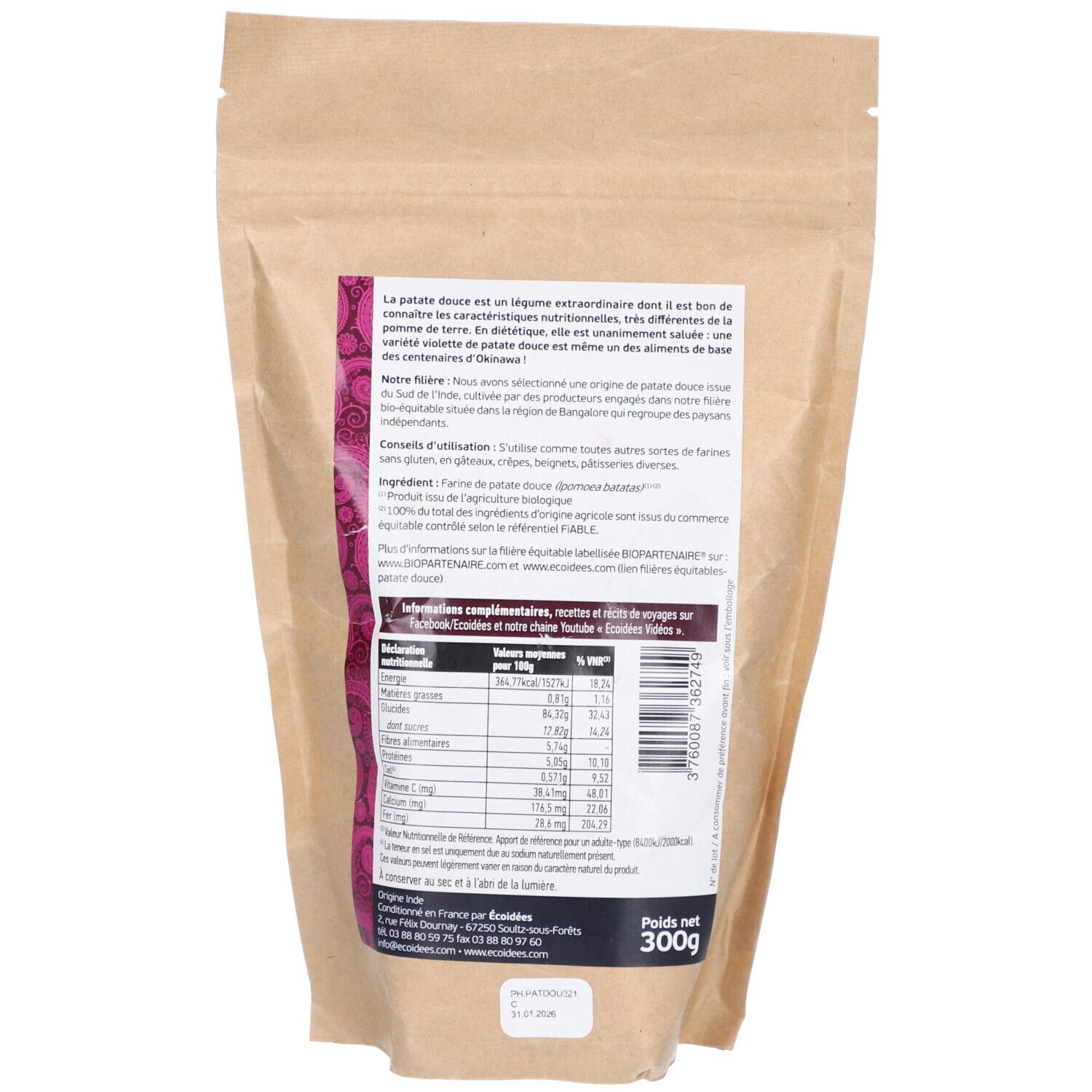 Dos du sachet. Texte avec informations nutritionnelles et liste des ingrédients. Logos bio et commerce équitable.