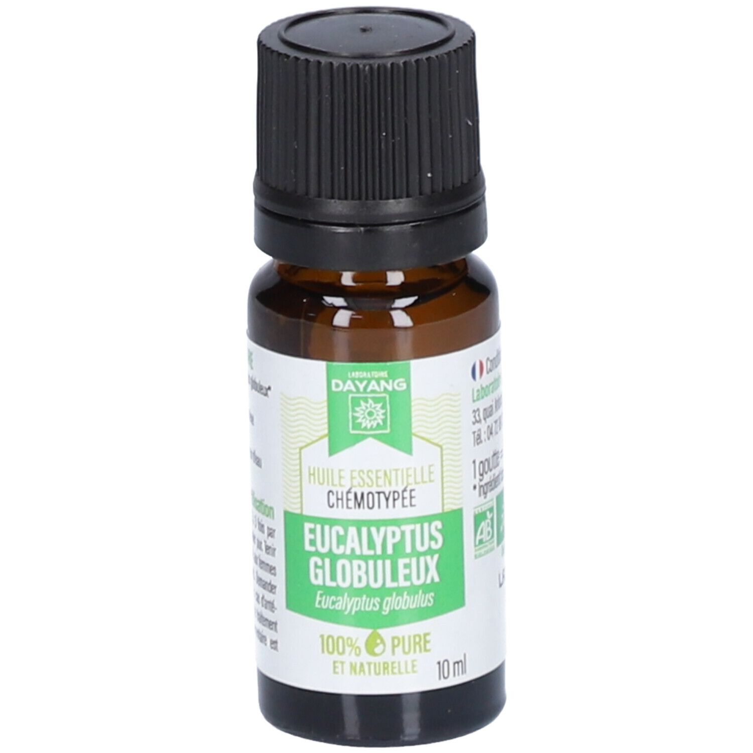 Flacon en verre brun avec bouchon noir. Étiquette avec nom du produit, marque Dayang et certifications. 100% pur et naturel.