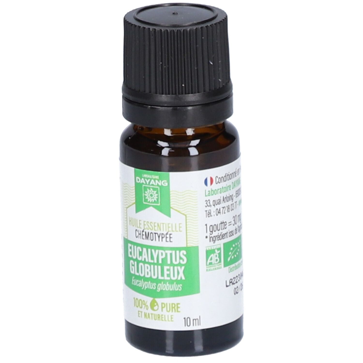 Flacon en verre brun avec bouchon noir. Étiquette avec nom du produit, marque Dayang et certifications. 100% pur et naturel.
