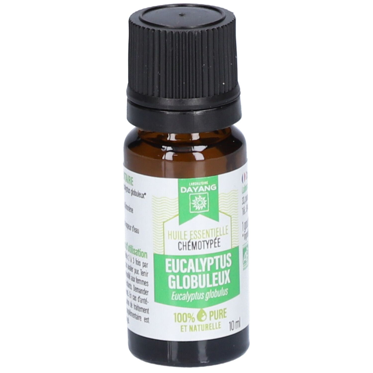 Flacon en verre brun avec bouchon noir. Étiquette avec nom du produit, marque Dayang et certifications. 100% pur et naturel.