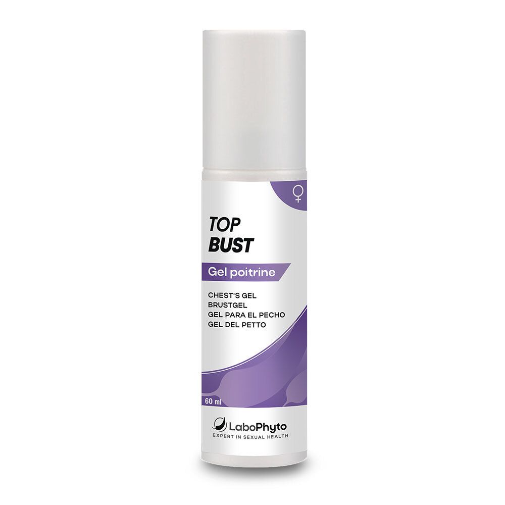Flacon blanc et violet avec TOP BUST. Gel poitrine. Inscriptions en plusieurs langues. Marque LaboPhyto. Contenance 60 ml.