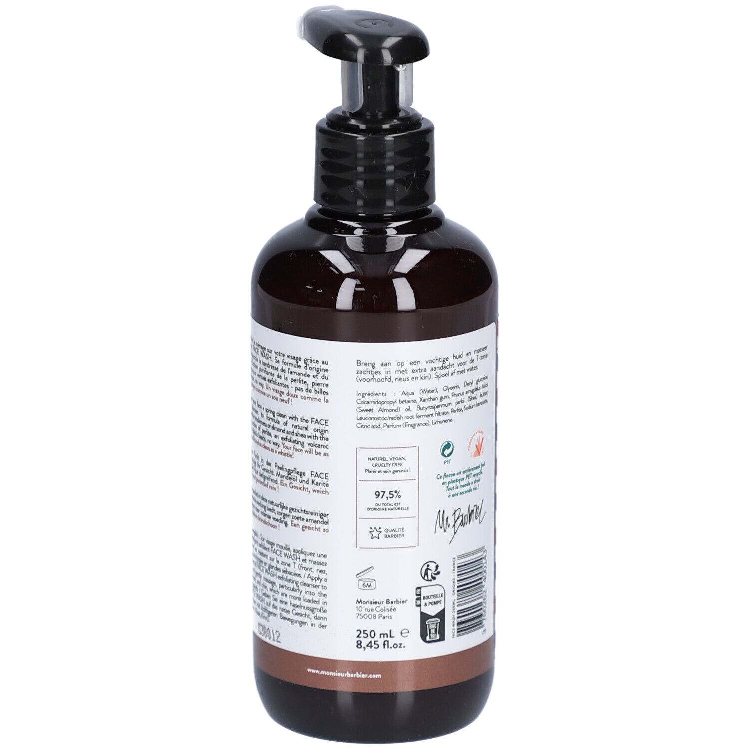 Dos d'un flacon brun avec pompe noire. Texte multilingue. Certifications et ingrédients.