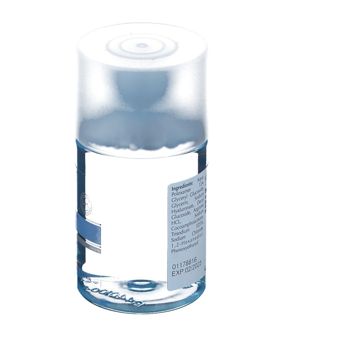 Bouteille transparente avec liquide bleu. Dos avec informations produit et liste des ingrédients. Couvercle blanc.