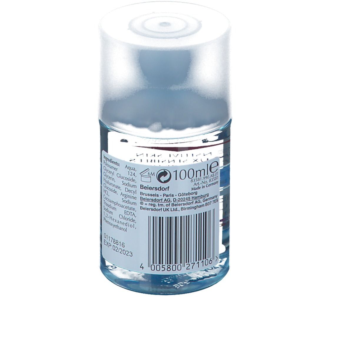 Vue arrière de la bouteille avec informations produit et liste des ingrédients. Code-barres et indication de volume 100ml. Couvercle blanc.