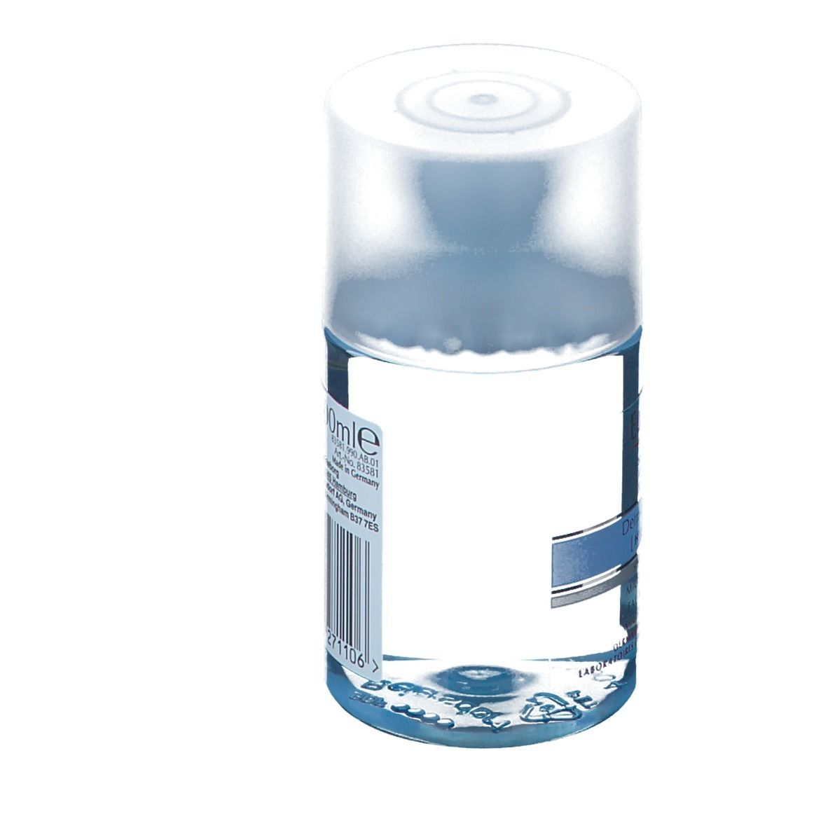 Vue arrière de la bouteille avec informations produit. Code-barres et indication de volume 100ml. Couvercle blanc.