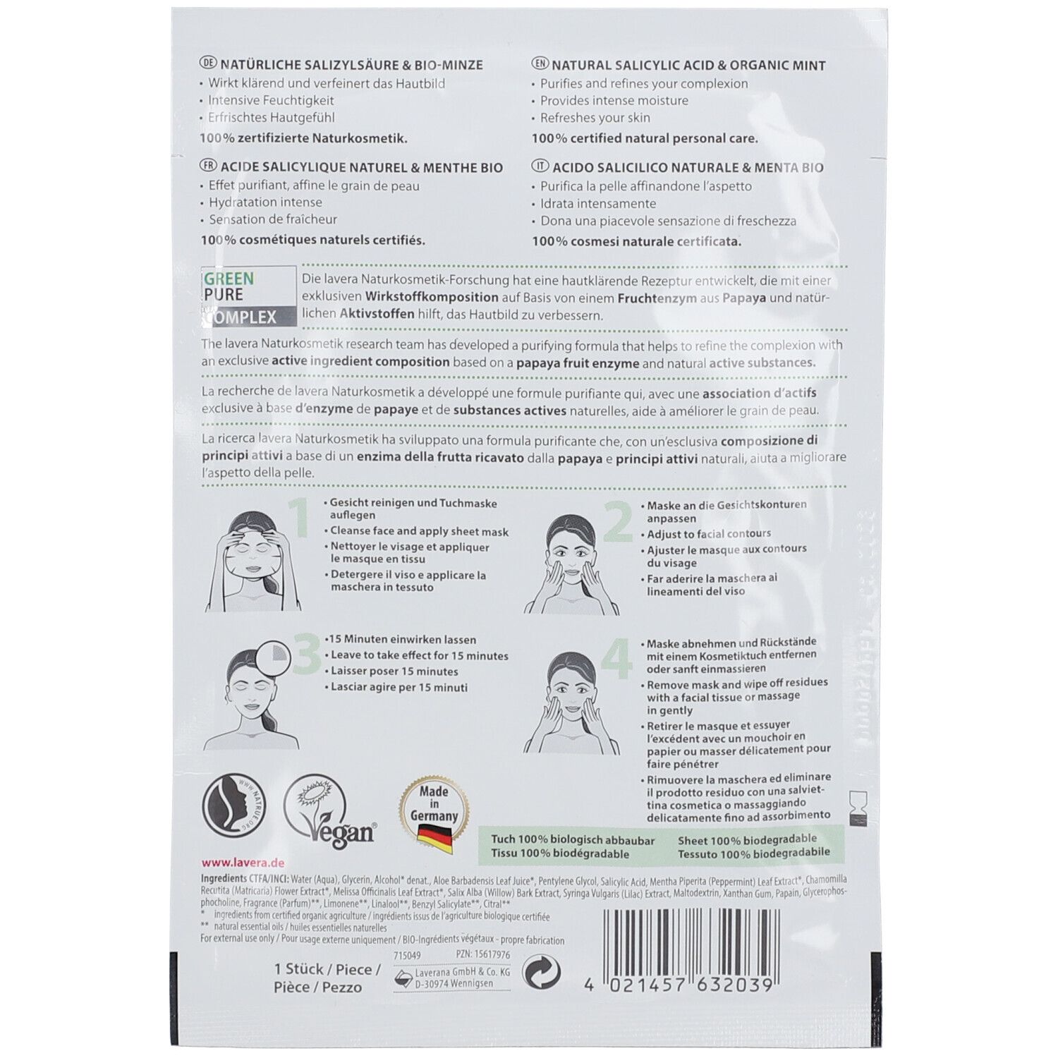 Dos de l'emballage du masque en tissu lavera. Texte : utilisation, ingrédients, cosmétiques naturels certifiés à 100 %, vegan, Fabriqué en Allemagne.