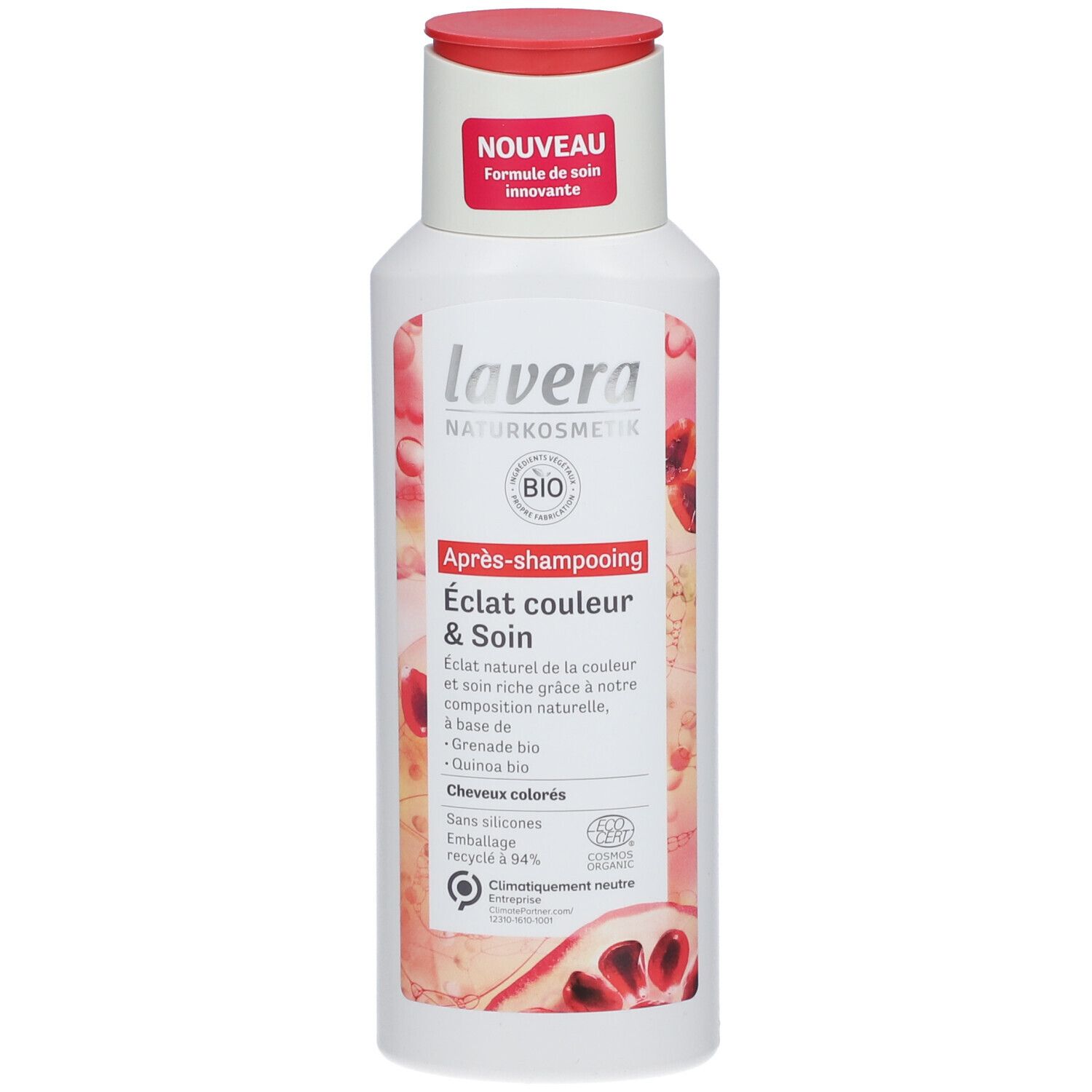 Flacon avec bouchon rouge. Étiquette avec nom du produit, label bio et texte. Après-shampooing Éclat couleur & Soin.