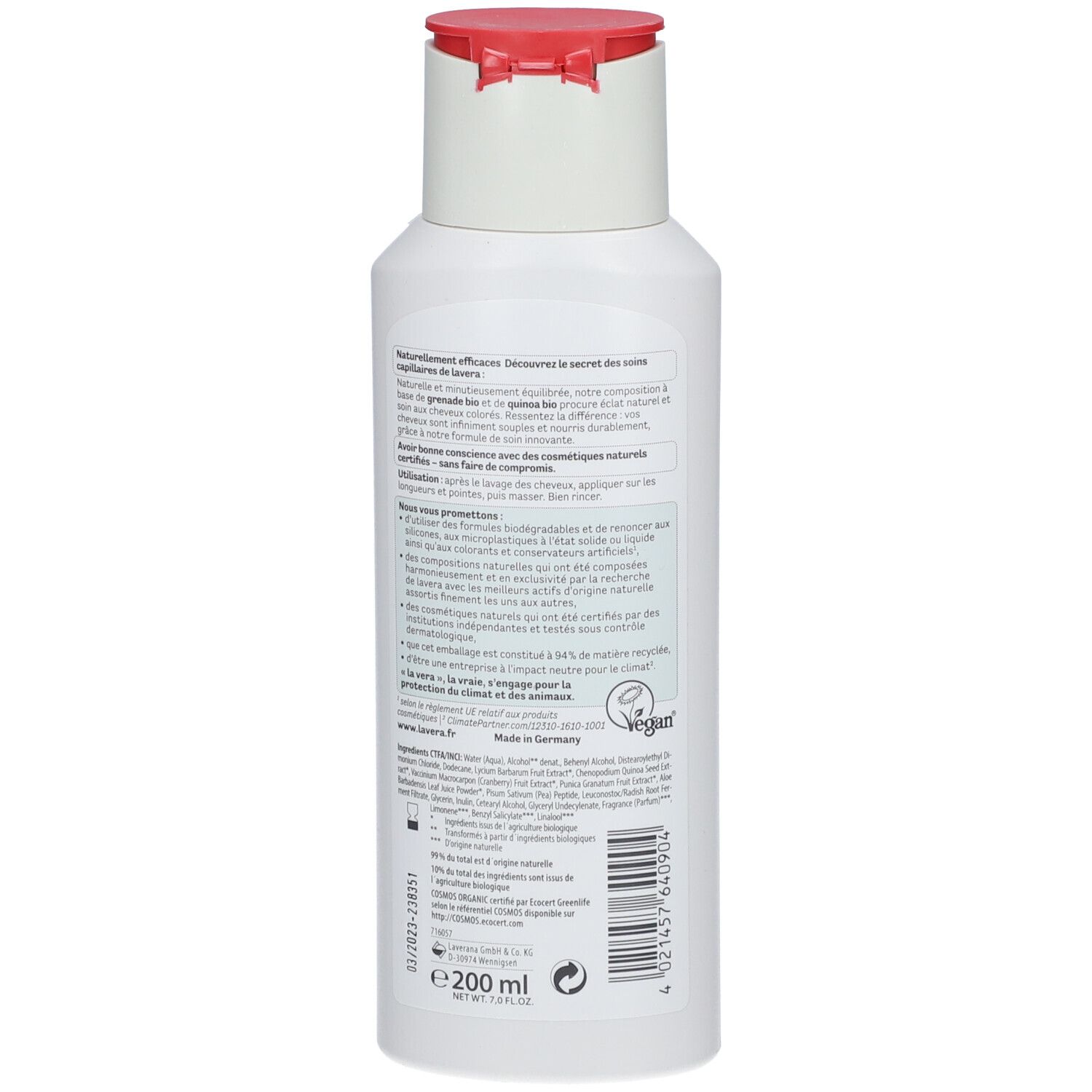 Flacon blanc avec bouchon rouge. Dos avec texte et logo. Label vegan. 200 ml.