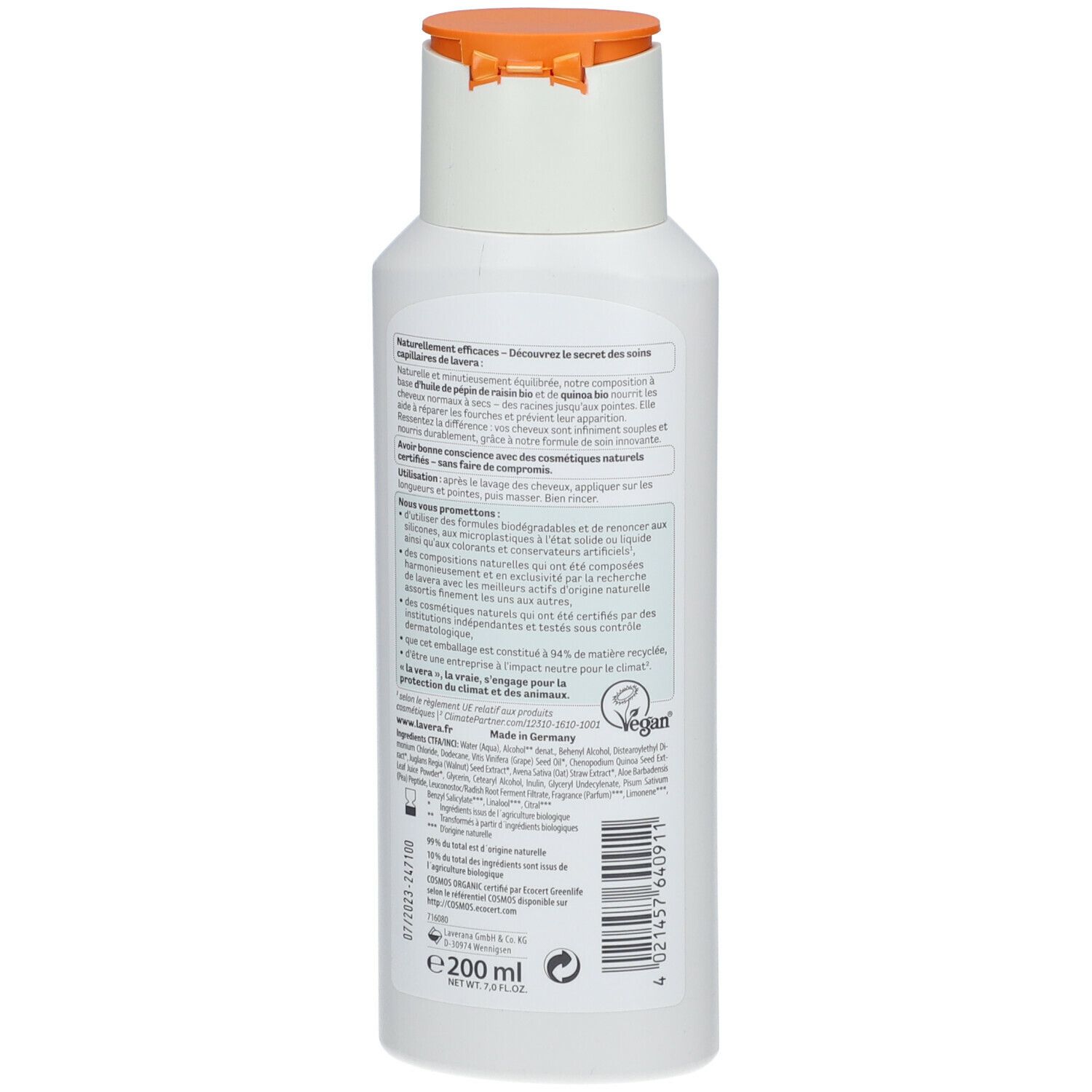Bouteille blanche avec bouchon orange. Inscriptions et label vegan. Volume : 200 ml.