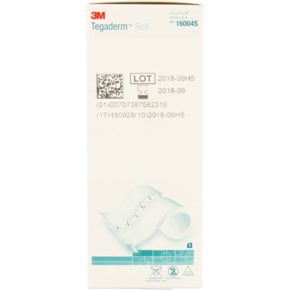 Boîte de 3M Tégaderm Roll. Emballage blanc avec illustration du produit. Inscriptions: 3M, Tégaderm Roll, numéro de lot, date de péremption, code-barres.