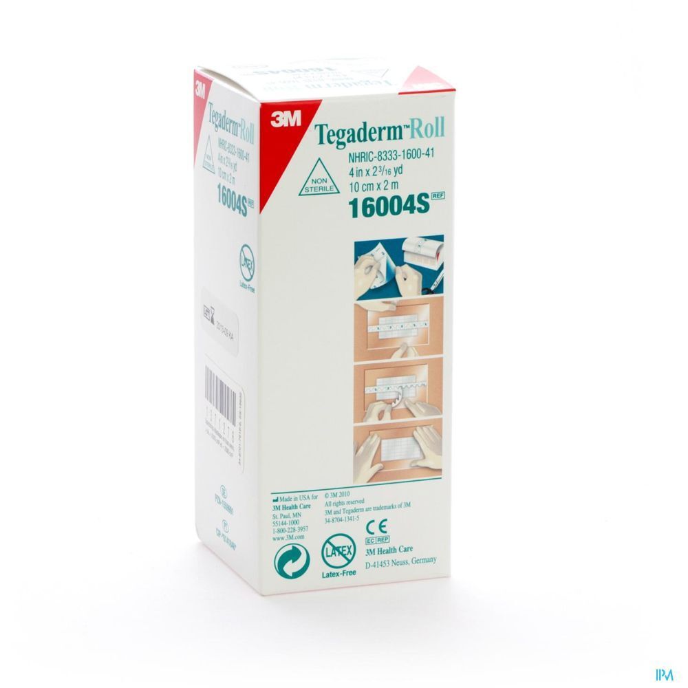 Boîte de 3M Tégaderm Roll. Carton blanc avec illustrations du produit et exemples d'utilisation. Inscriptions: 3M, Tégaderm Roll, indication de taille, marquage CE.