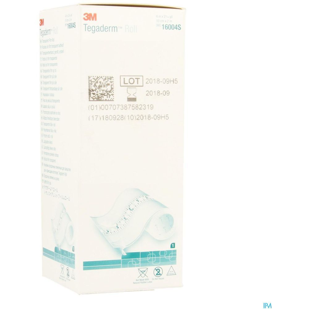 Boîte de 3M Tégaderm Roll. Emballage blanc avec illustration du produit. Inscriptions: 3M, Tégaderm Roll, numéro de lot, date de péremption, code-barres.
